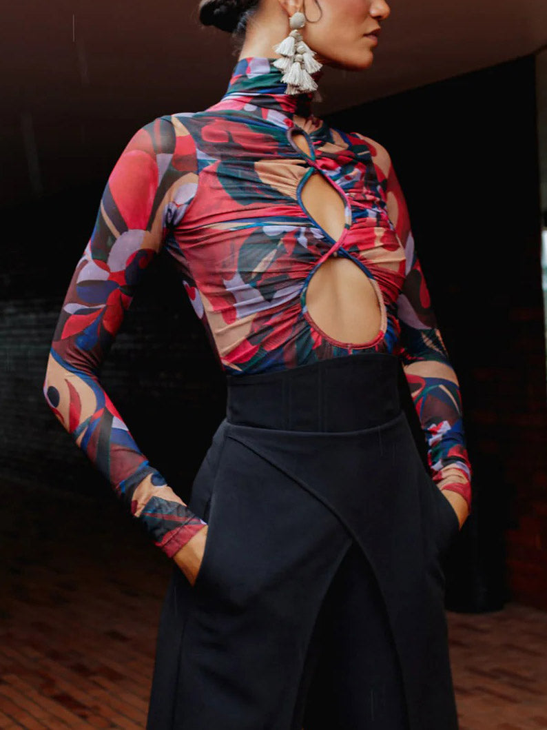 Elegant High-neck Cutout Abstract Print Bodysuit Multi