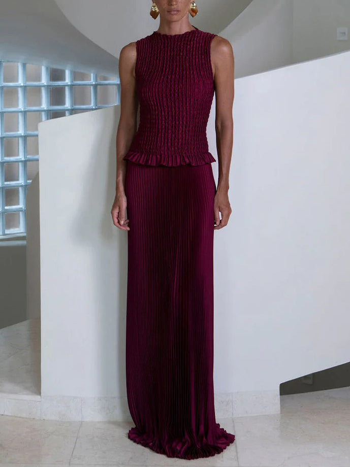 Elegant Sleeveless Pleated Vest Skirt Two-Piece Set Red Set