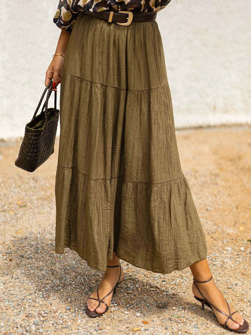 Fashion Casual Ruched Elastic Waist Skirt Green