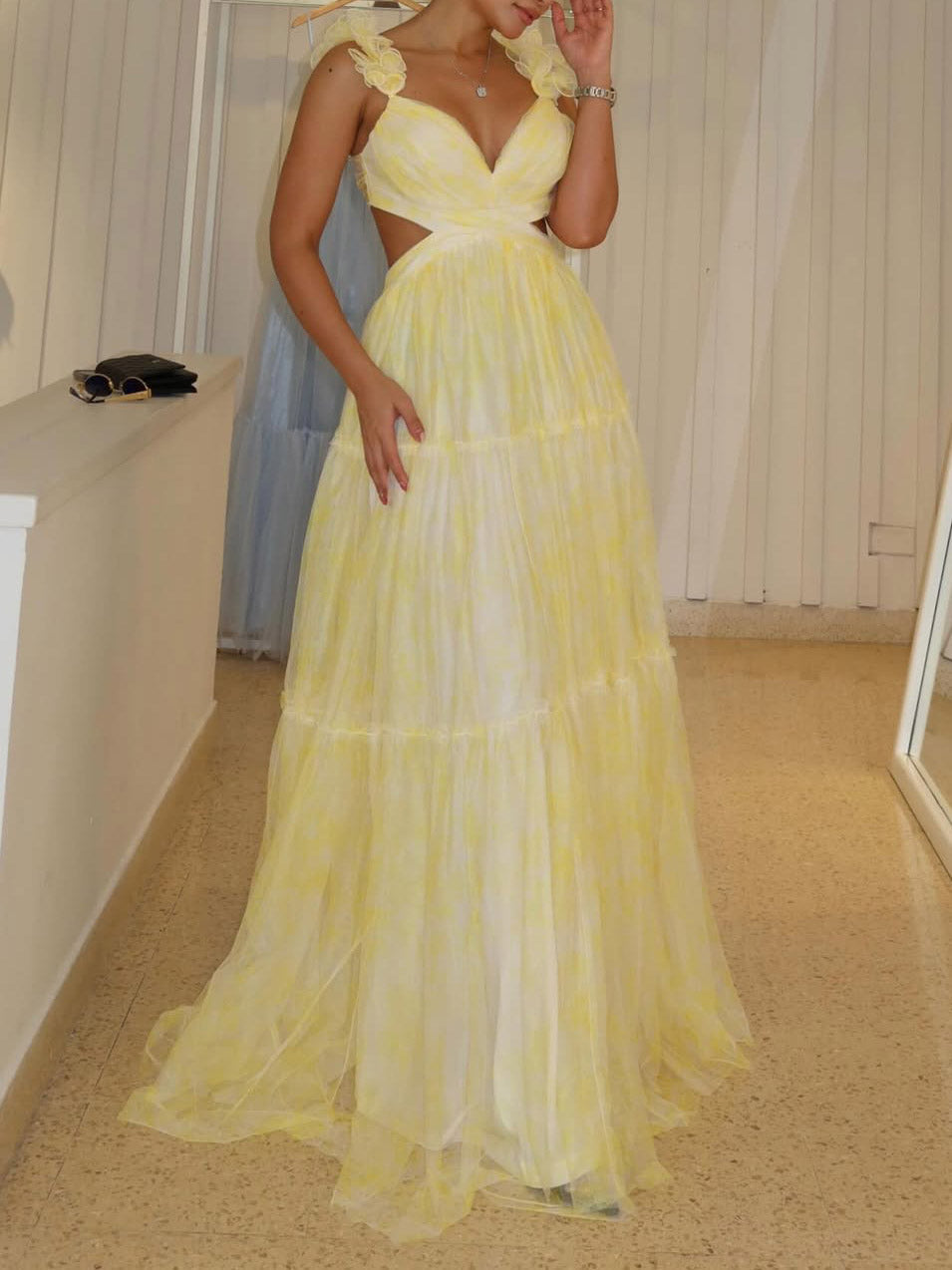 Elegant Floral Print Ruffle Strap Chiffon Maxi Dress Yellow