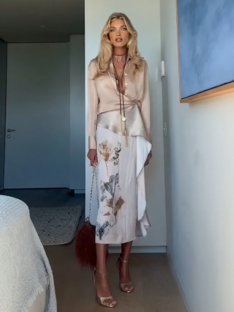 Elegant Knotted Blouse Paired With A Printed Skirt Two-piece Set Cream