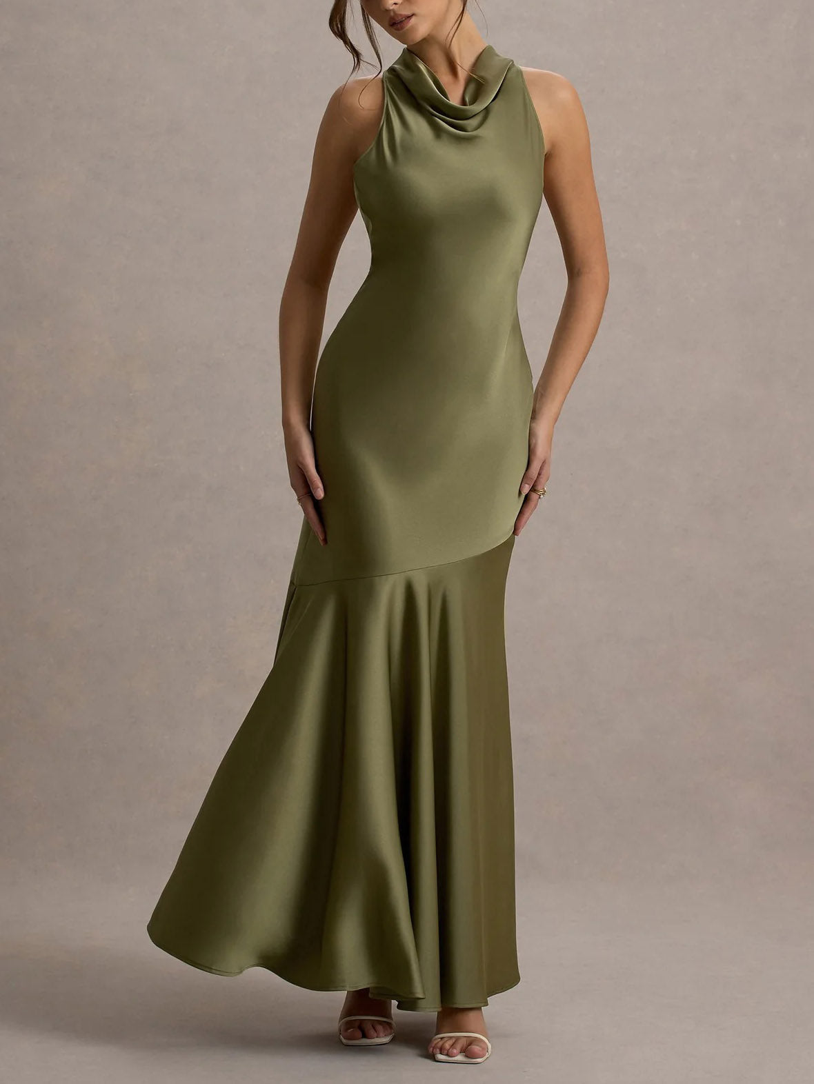 Elegant Satin Cowl Neck Sleeveless Mermaid Maxi Dress Green