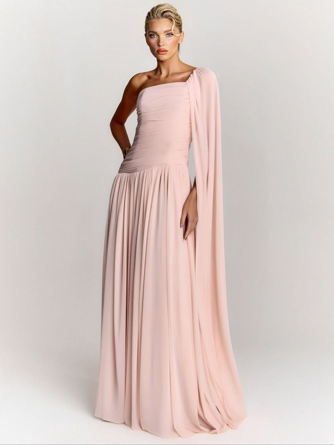 Elegant One-Shoulder Ruched Chiffon Maxi Dress Pink