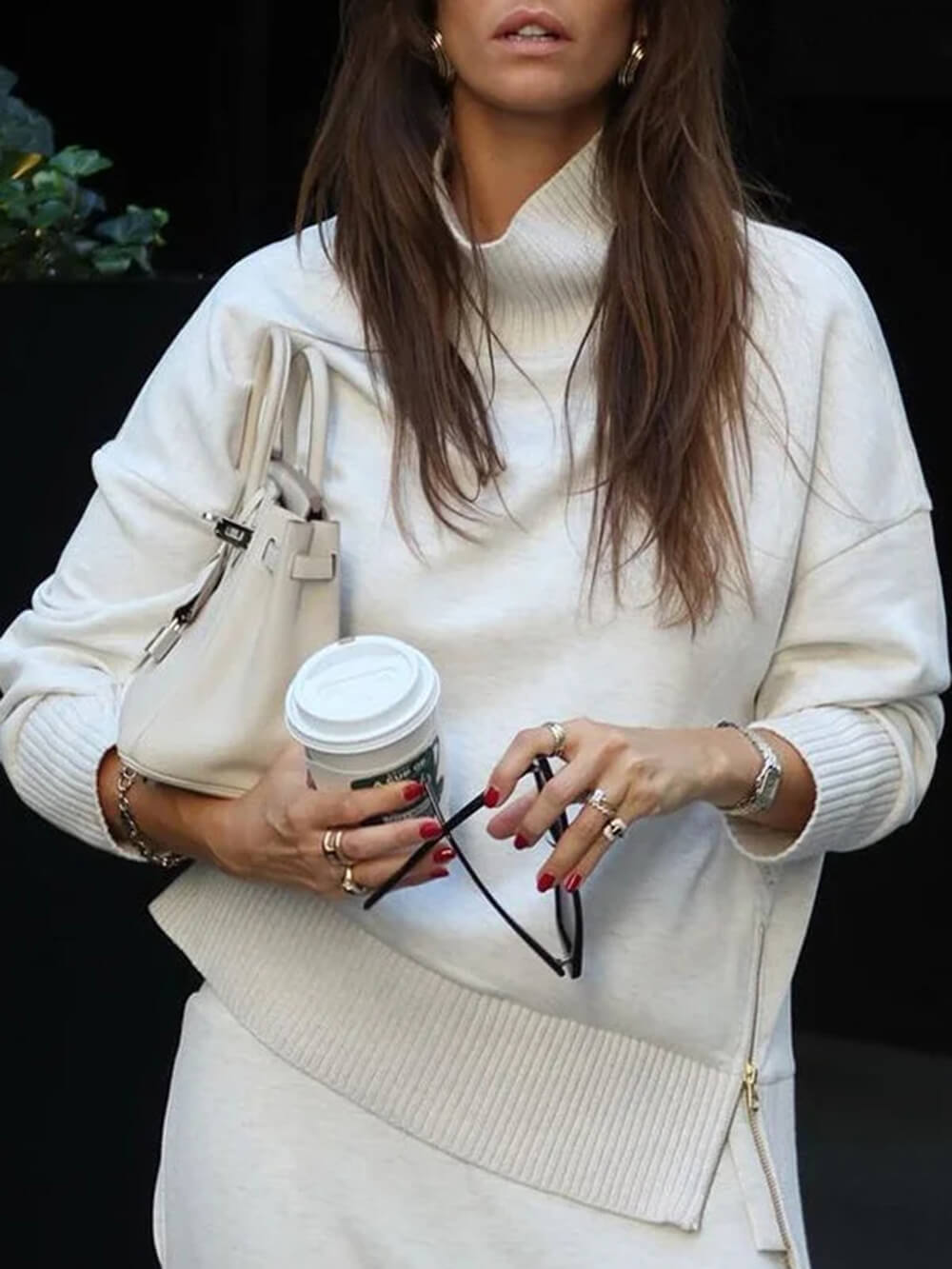 Classic Double Soft Turtleneck Side Zipper Sweatshirt and Elastic Waist Pocketed Loose Pants Set Beige