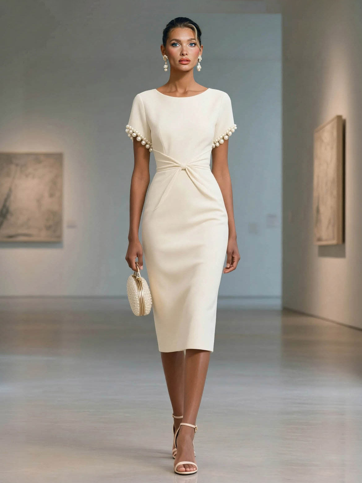 Elegant Pearl-Trim Short Sleeve Midi Dress White