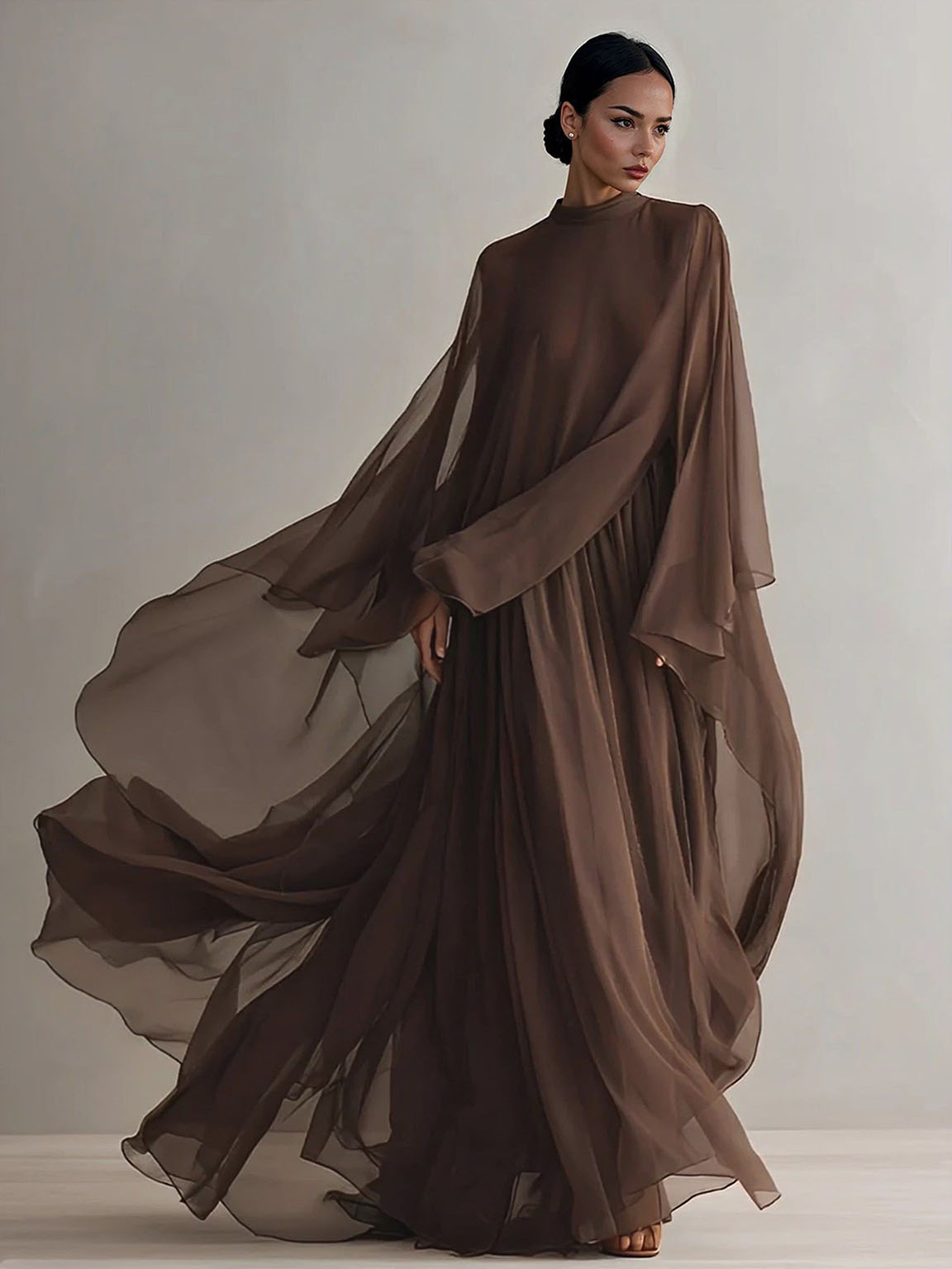 Elegant Shawl-style Chiffon Flowing Maxi Dress Brown