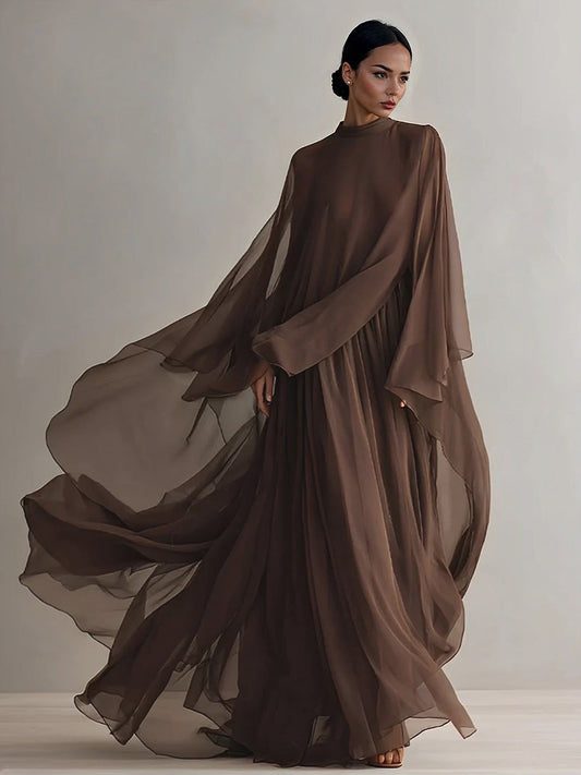 Elegant Shawl-style Chiffon Flowing Maxi Dress Brown