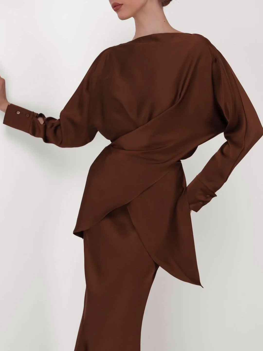 Elegant Asymmetrical Satin Long-sleeved Shirt Brown