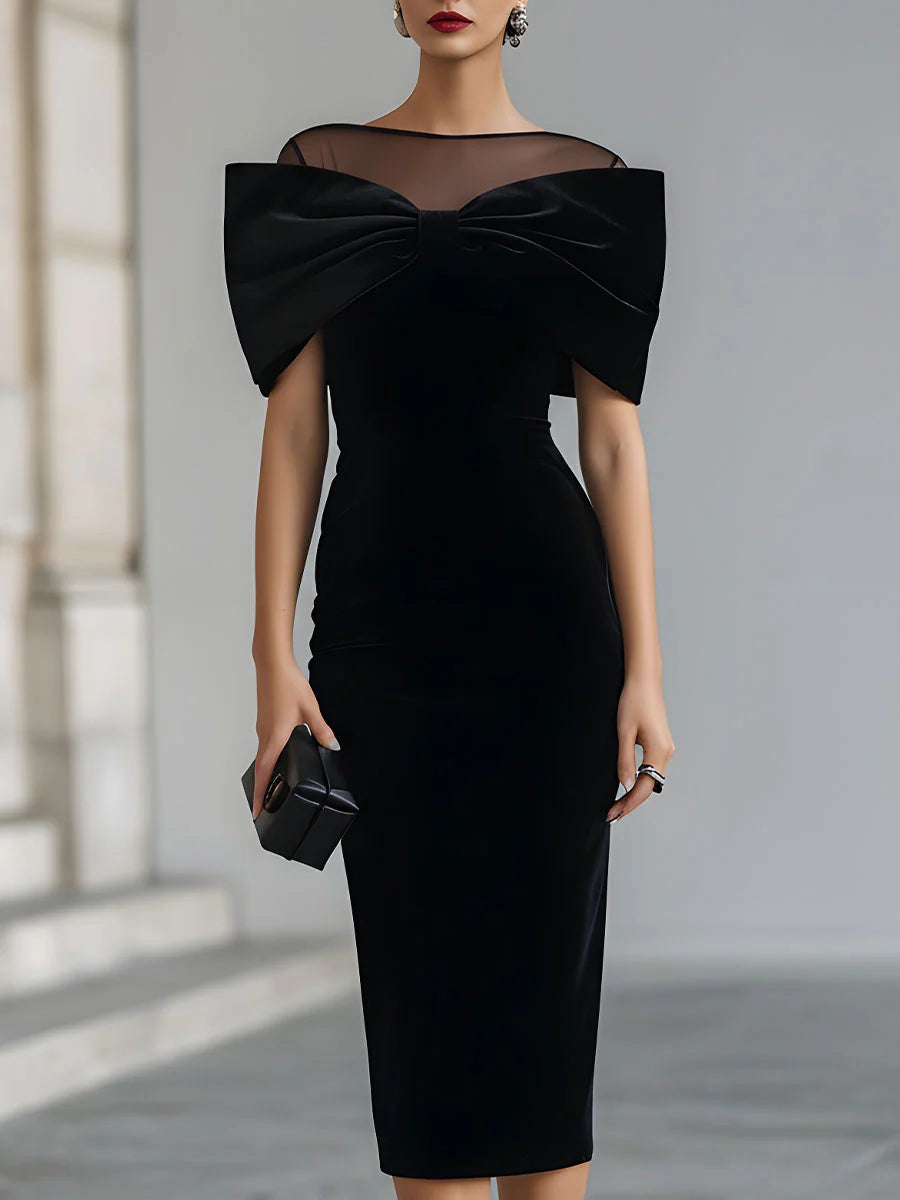 Elegant Bow-Detail Sheer Neckline Midi Dress Black