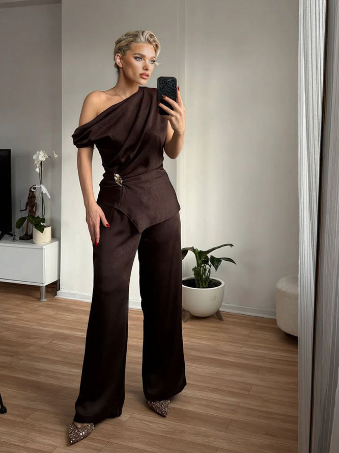 Elegant Satin One-Shoulder Draped Top & Wide-Leg Pants Two-Piece Set Brown