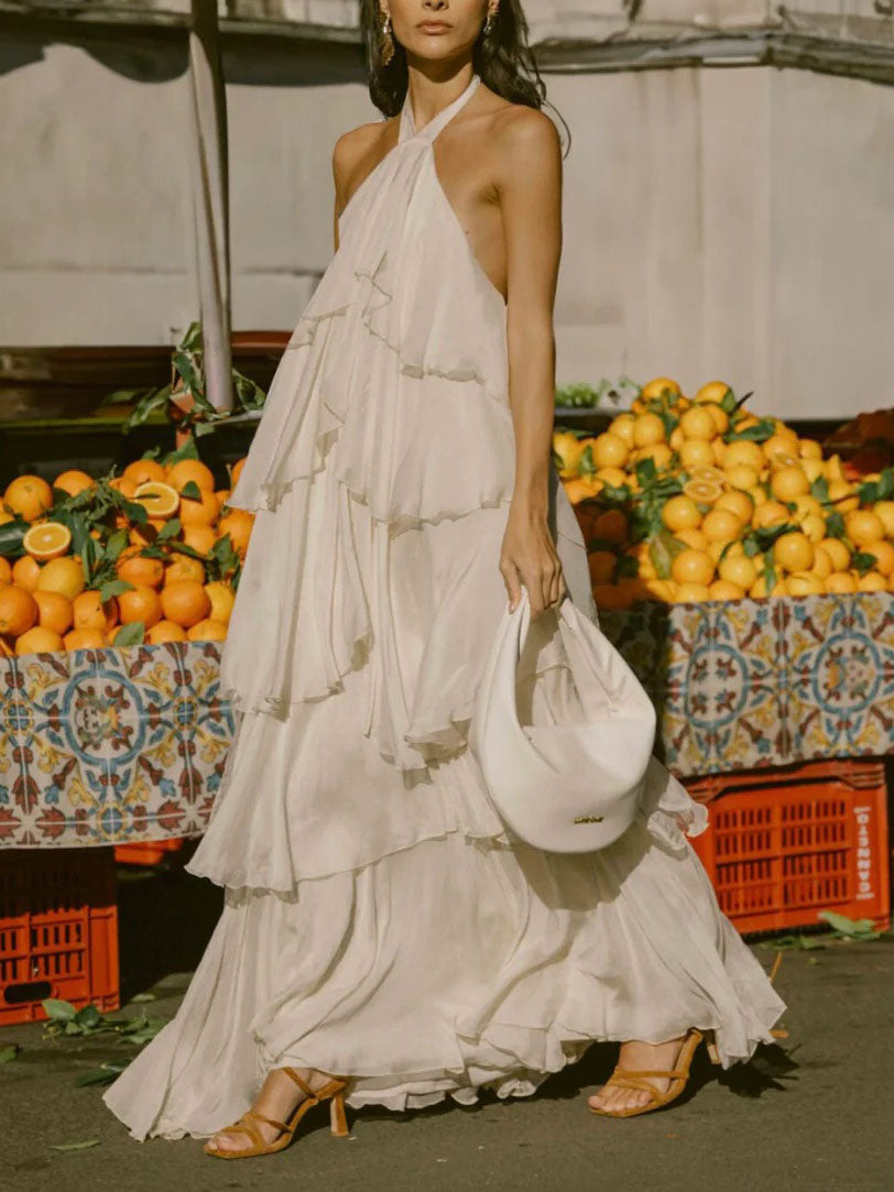 Elegant Halterneck Ruffled Tiered Maxi Dress White