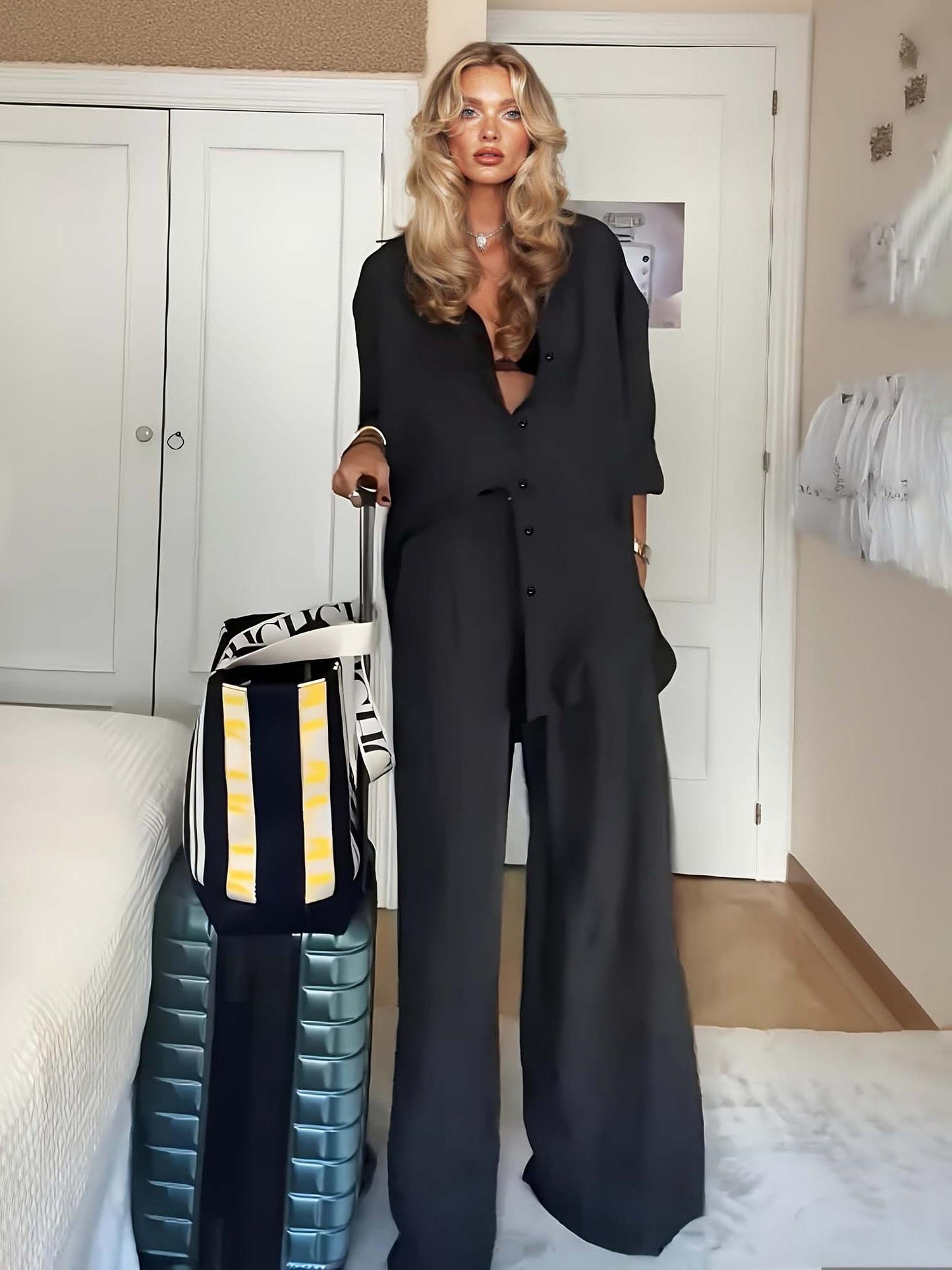 Minimalist Black Satin Shirt & Drawstring Pants Set Black