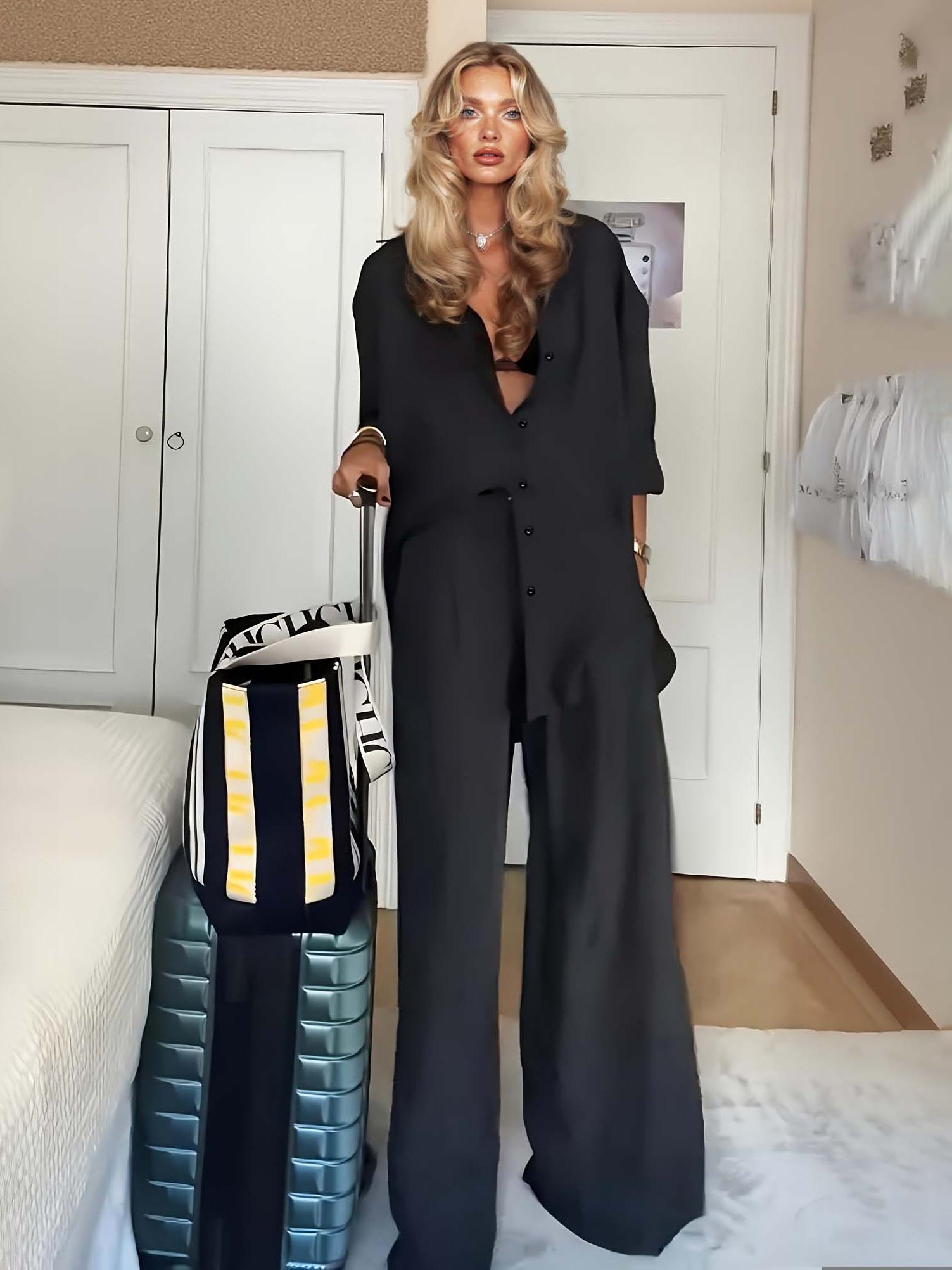 Minimalist Black Satin Shirt & Drawstring Pants Set Black