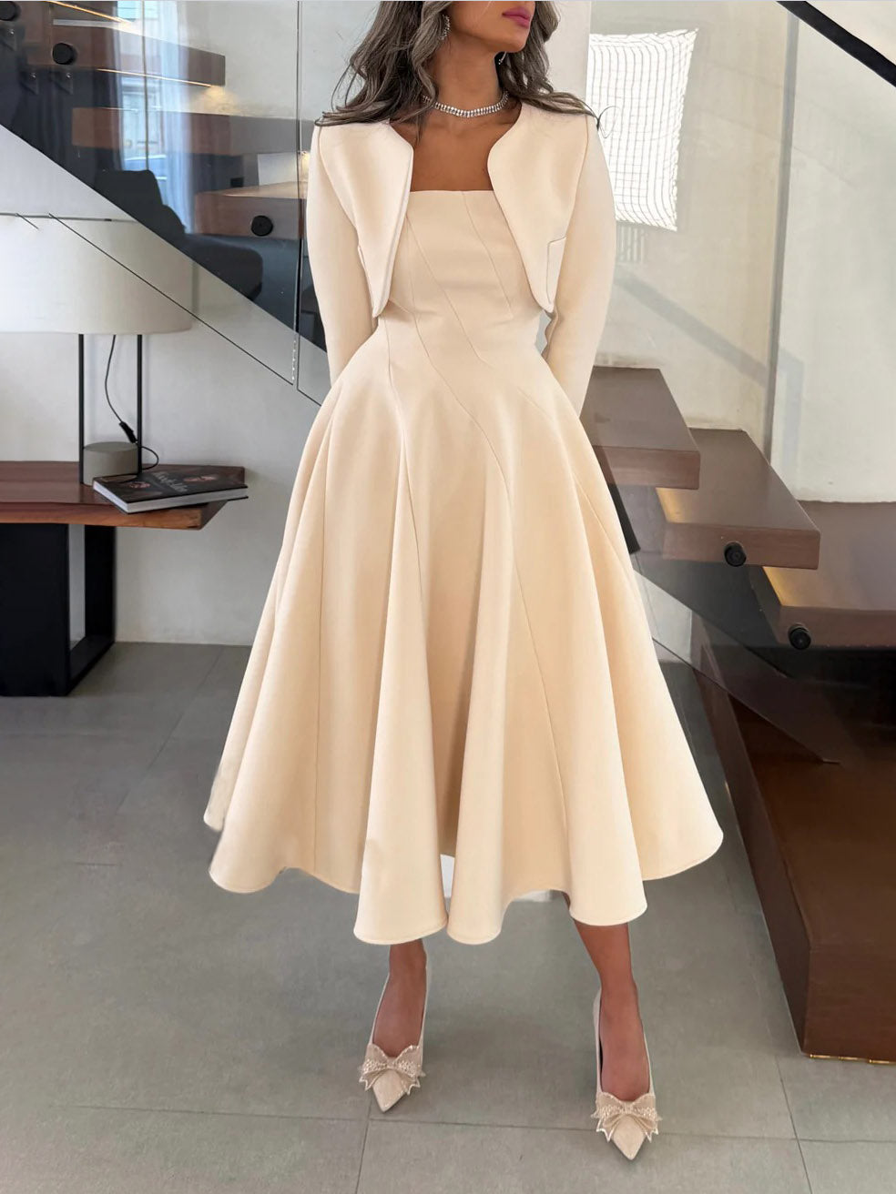 Elegant Long-sleeved Cropped Blazer And Midi Dress Set Apricot