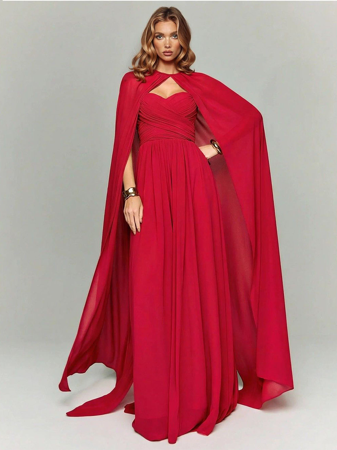 Elegant Strapless Ruched Maxi Dress With Flowing Cape Red