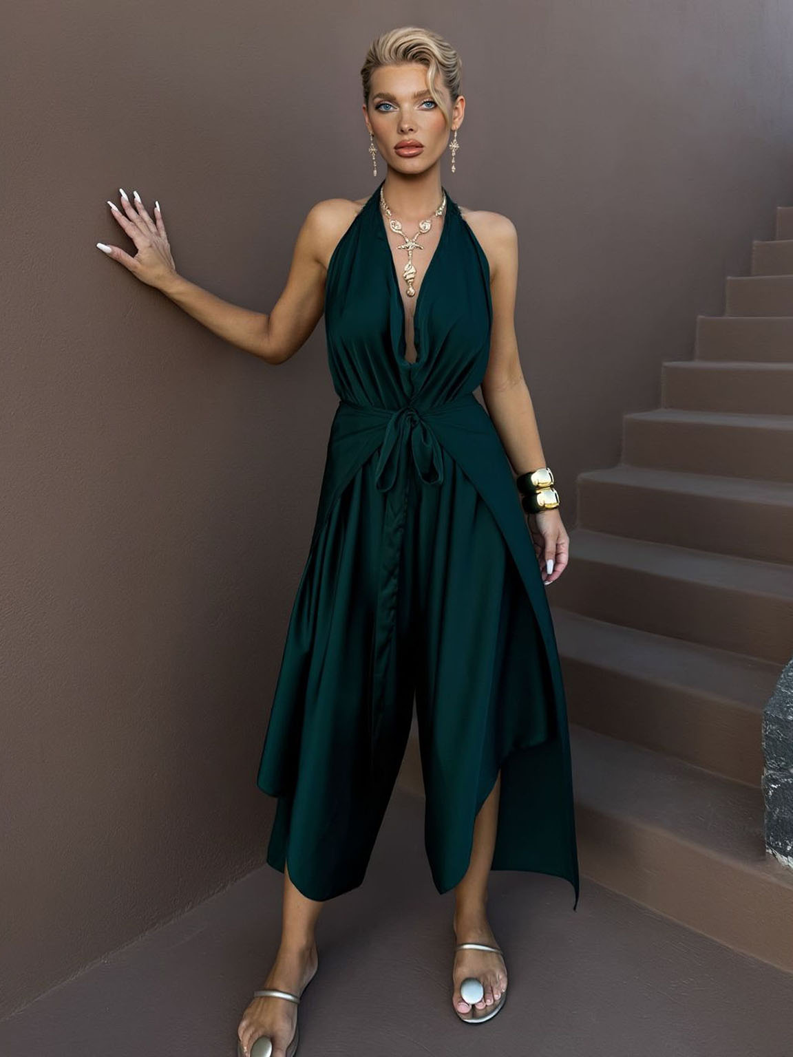 Elegant Satin Asymmetric Hem Convertible Jumpsuit Green