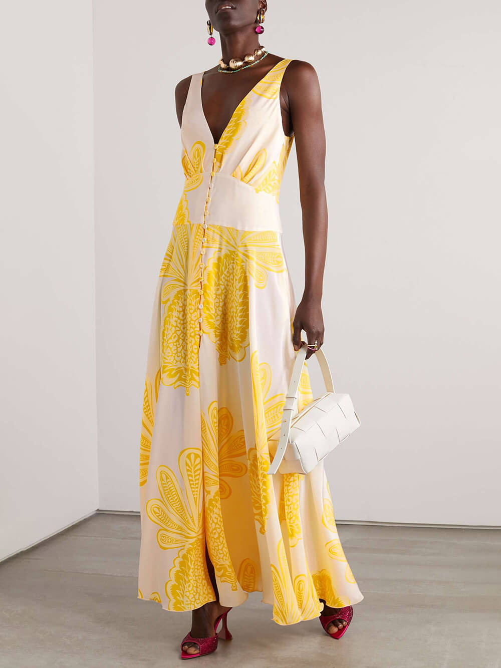 Elegant Pineapple Print Satin Crepe Maxi Dress Yellow