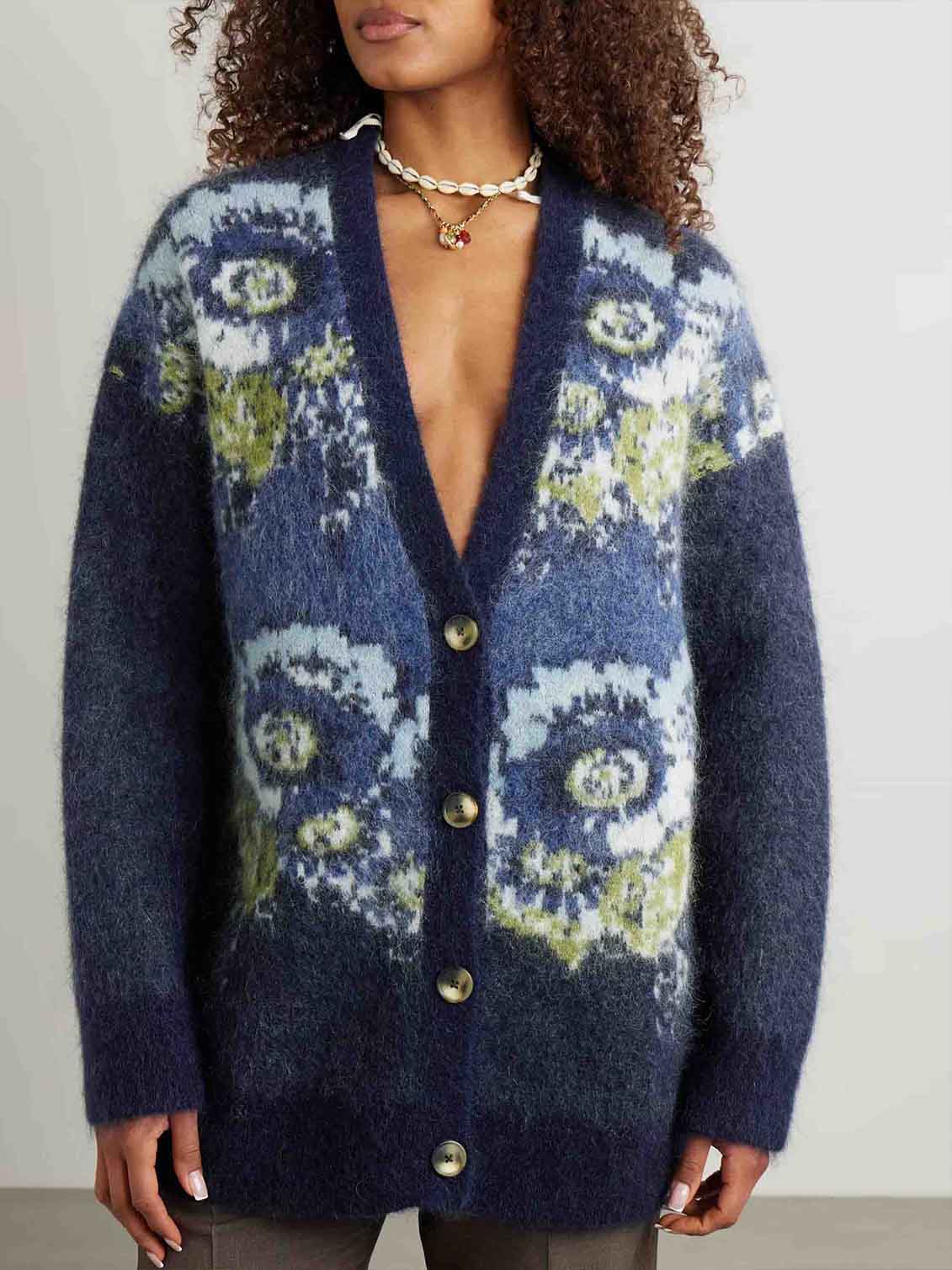 Casual Abstract Pattern Cardigan Dark Blue