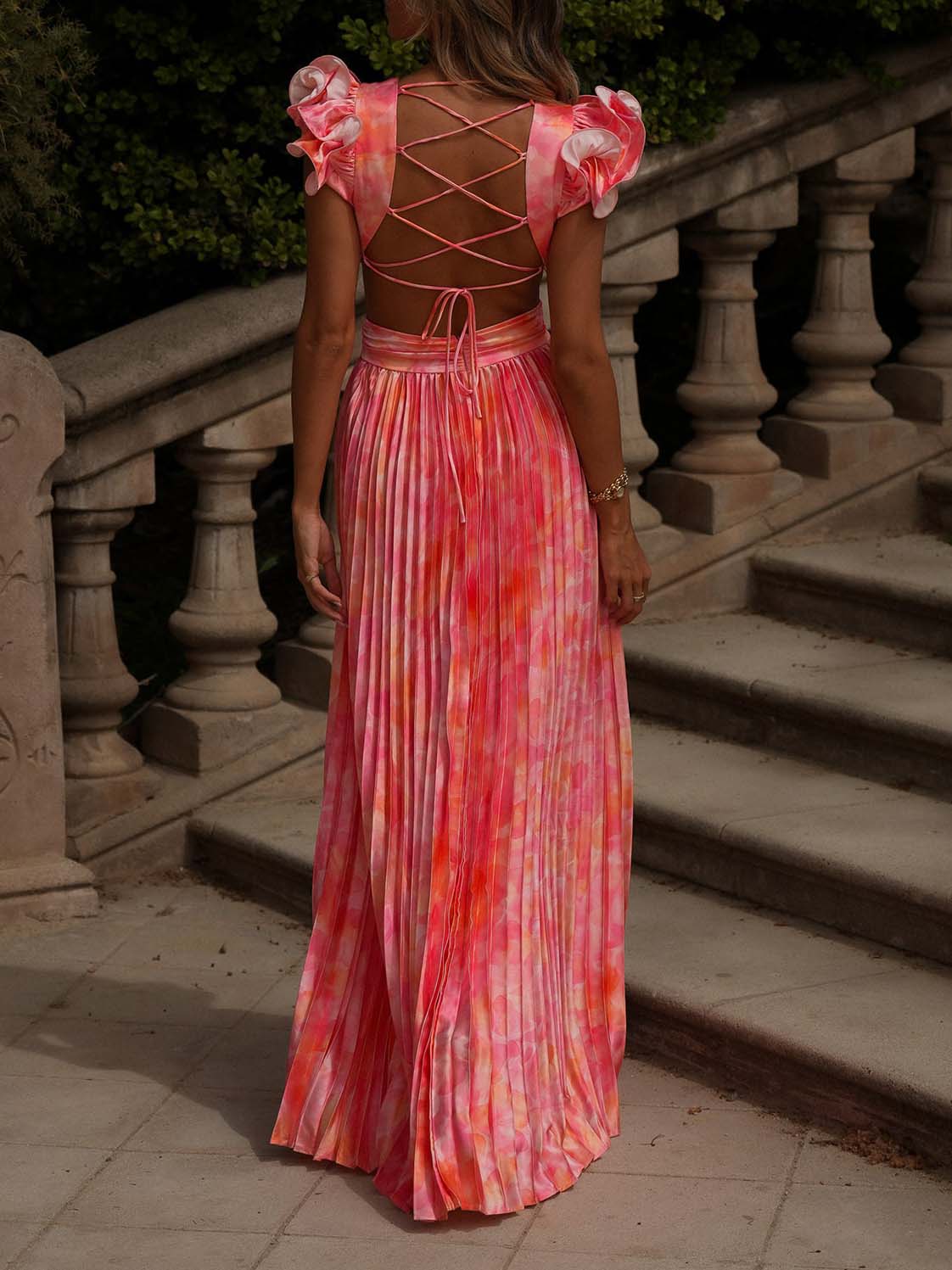 Elegant Tie‑Dye Ruffle Shoulder Pleated Cutout Maxi Dress
