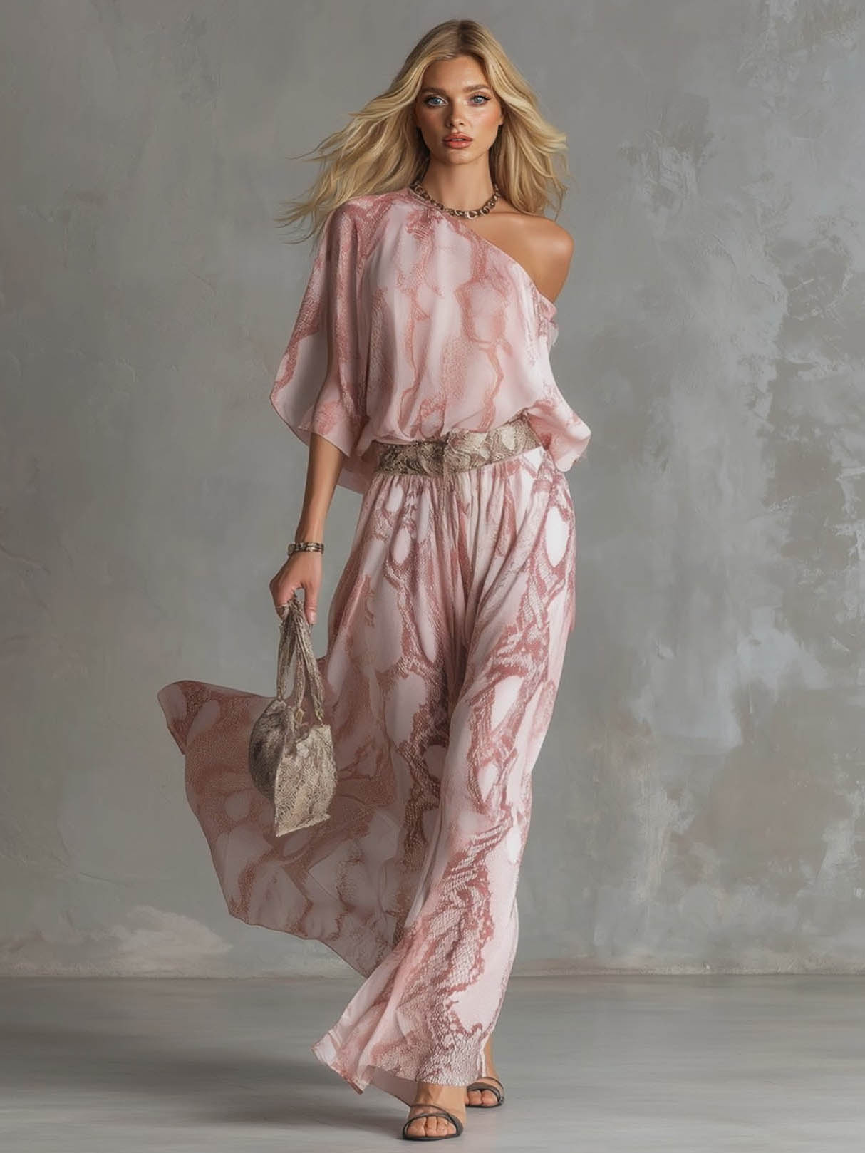 Snake Print One-Shoulder Top & Wide-Leg Pants Set Pink