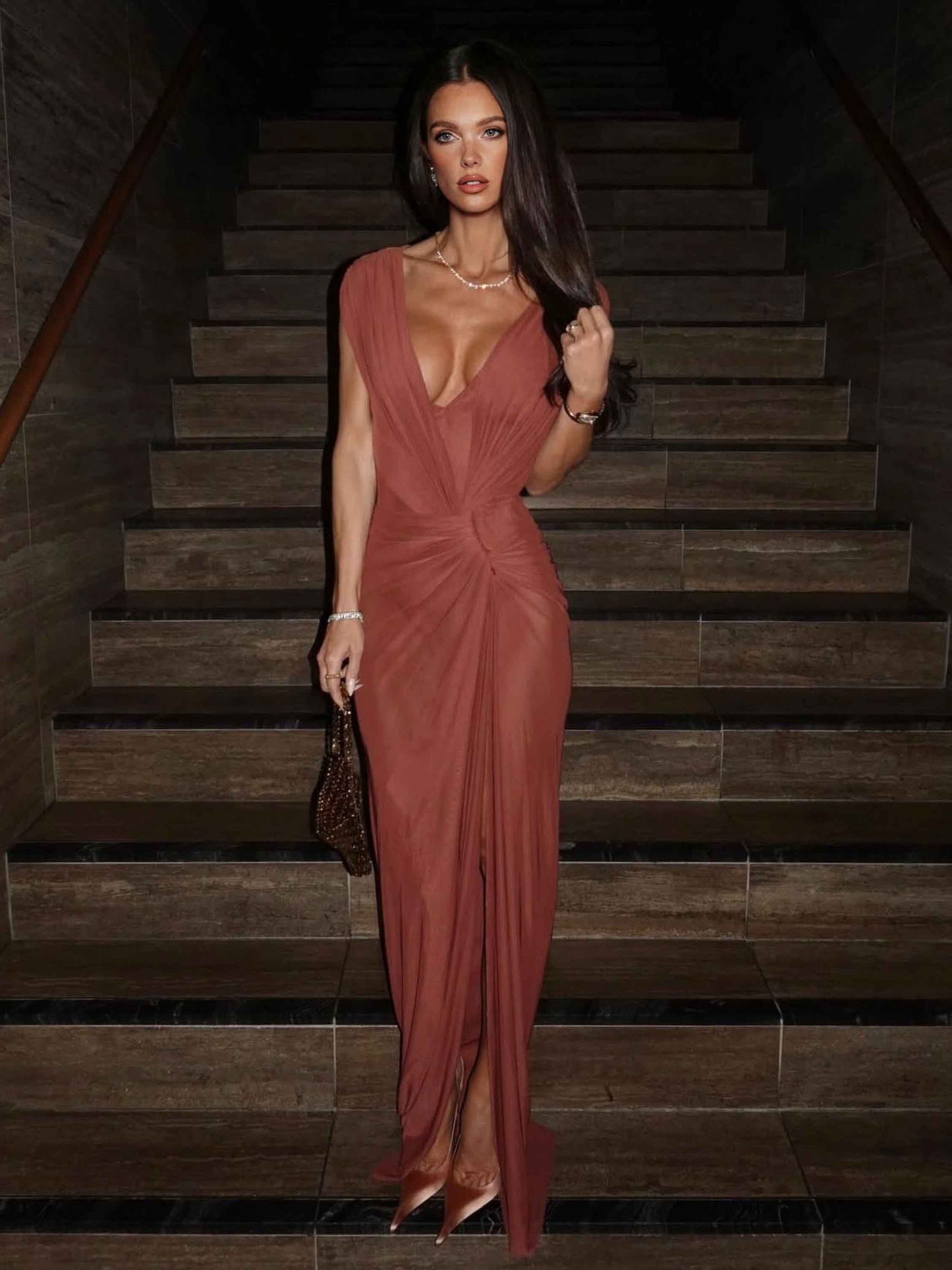 Elegant Deep V-Neck Draped Slit Maxi Dress Red