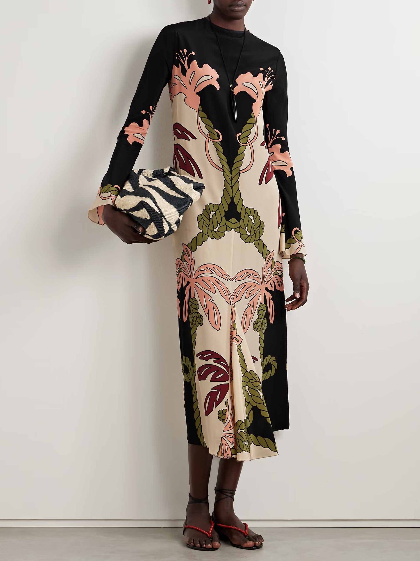 Elegant Palm Leaf Print Long Sleeve Midi Dress Black