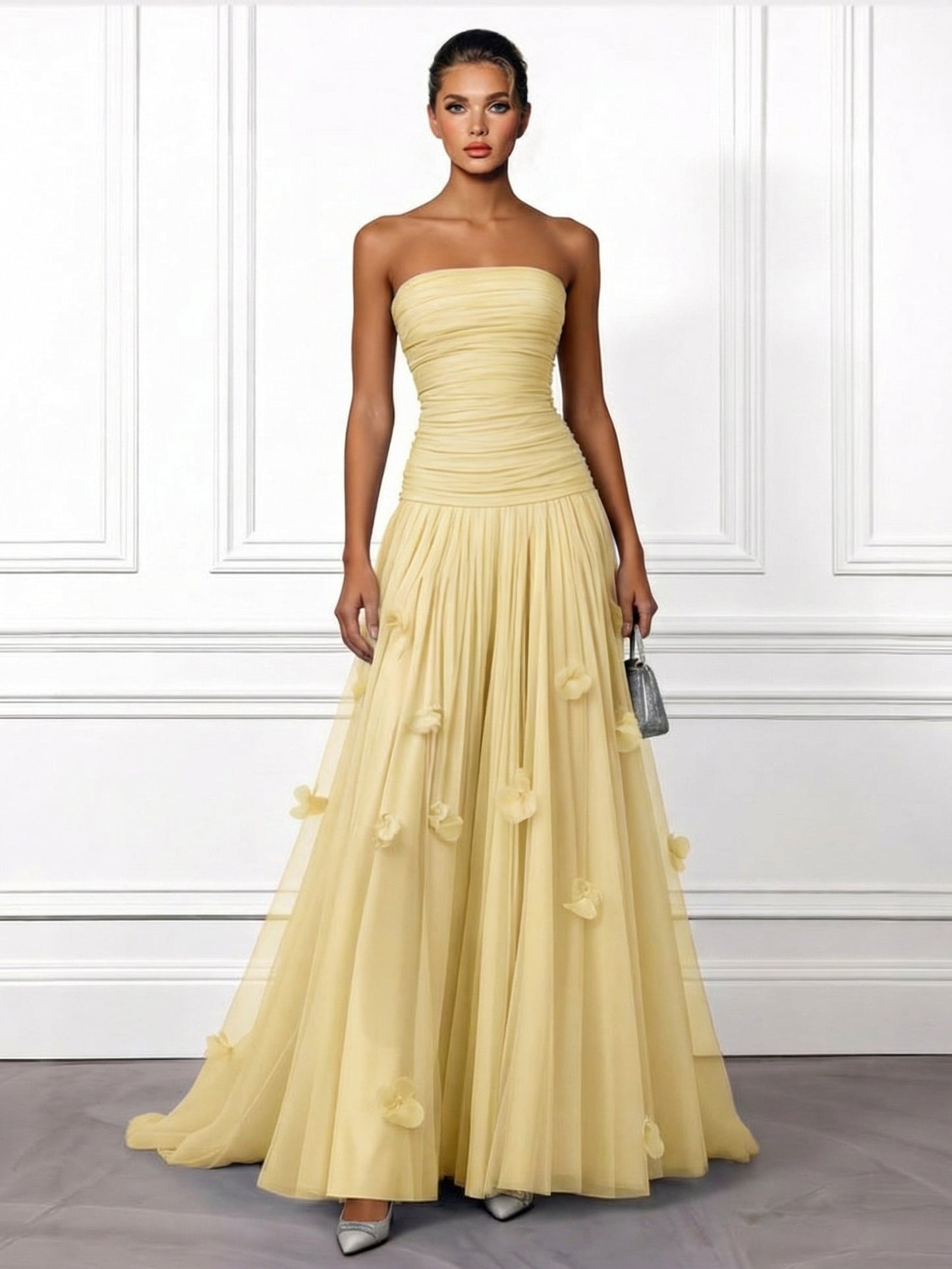 Elegant Yellow Strapless Ruched Tulle Evening Maxi Dress Yellow