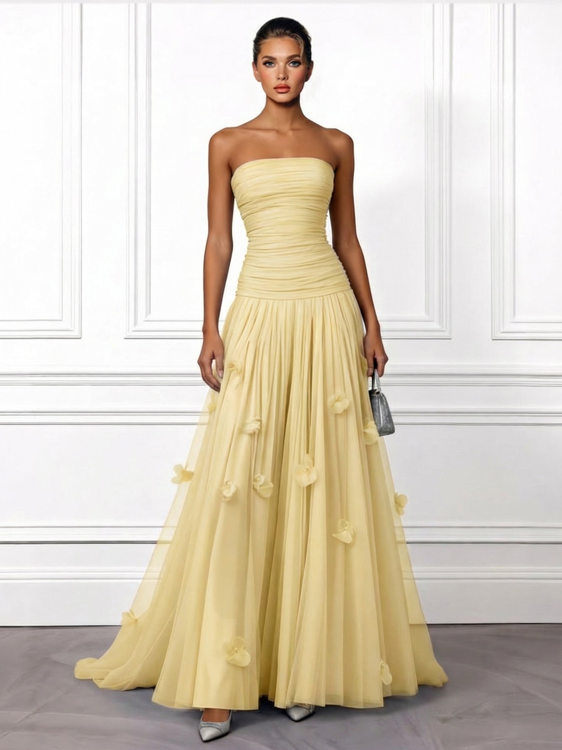 Elegant Yellow Strapless Ruched Tulle Evening Maxi Dress Yellow
