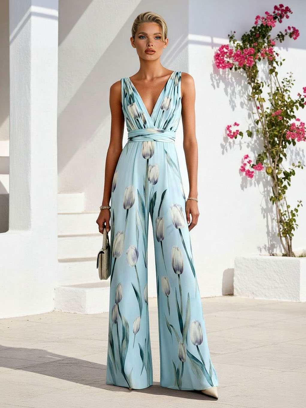 Elegant Floral Print V-Neck Wide-Leg Jumpsuit Blue