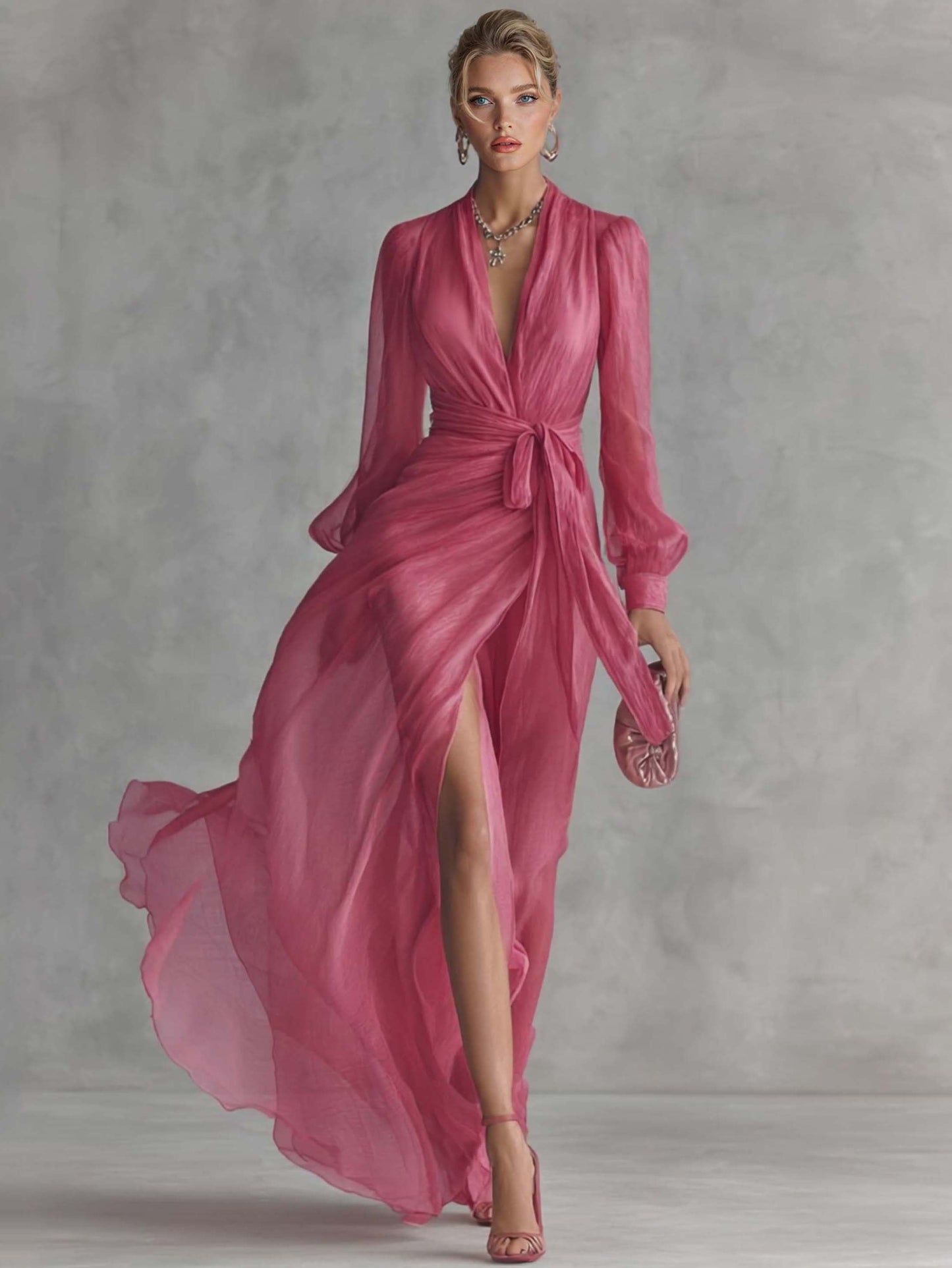 Elegant Pearl-Embellished Chiffon V-Neck Tie-Waist Maxi Dress Pink