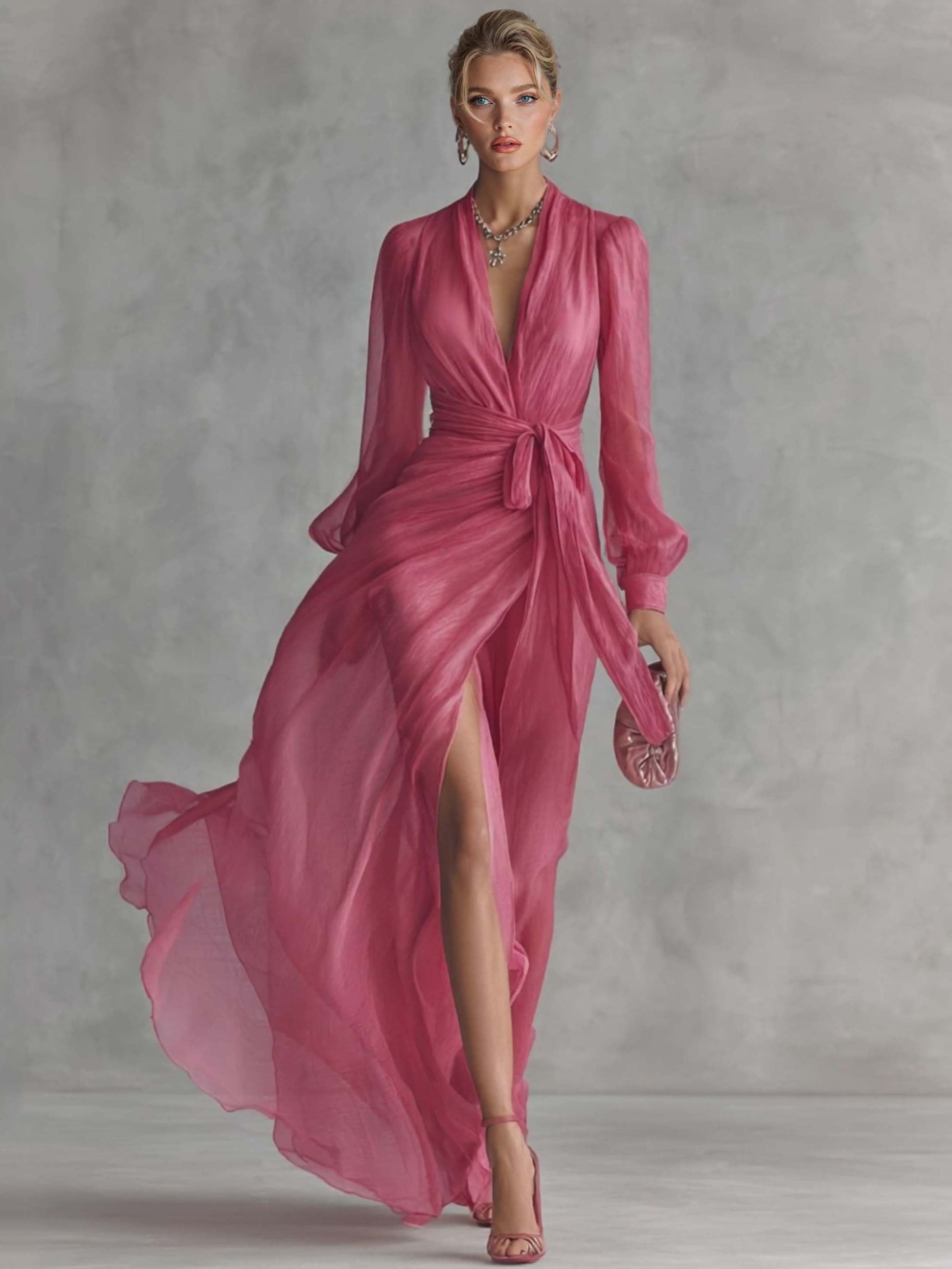 Elegant Pearl-Embellished Chiffon V-Neck Tie-Waist Maxi Dress Pink