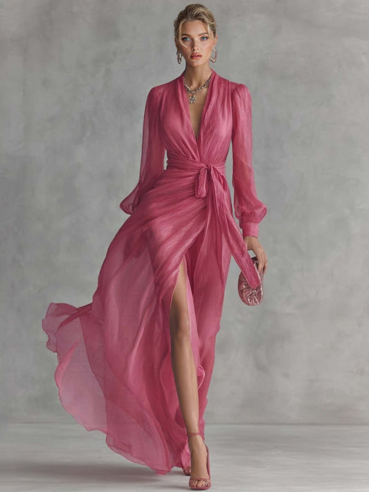 Elegant Pearl-Embellished Chiffon V-Neck Tie-Waist Maxi Dress Pink