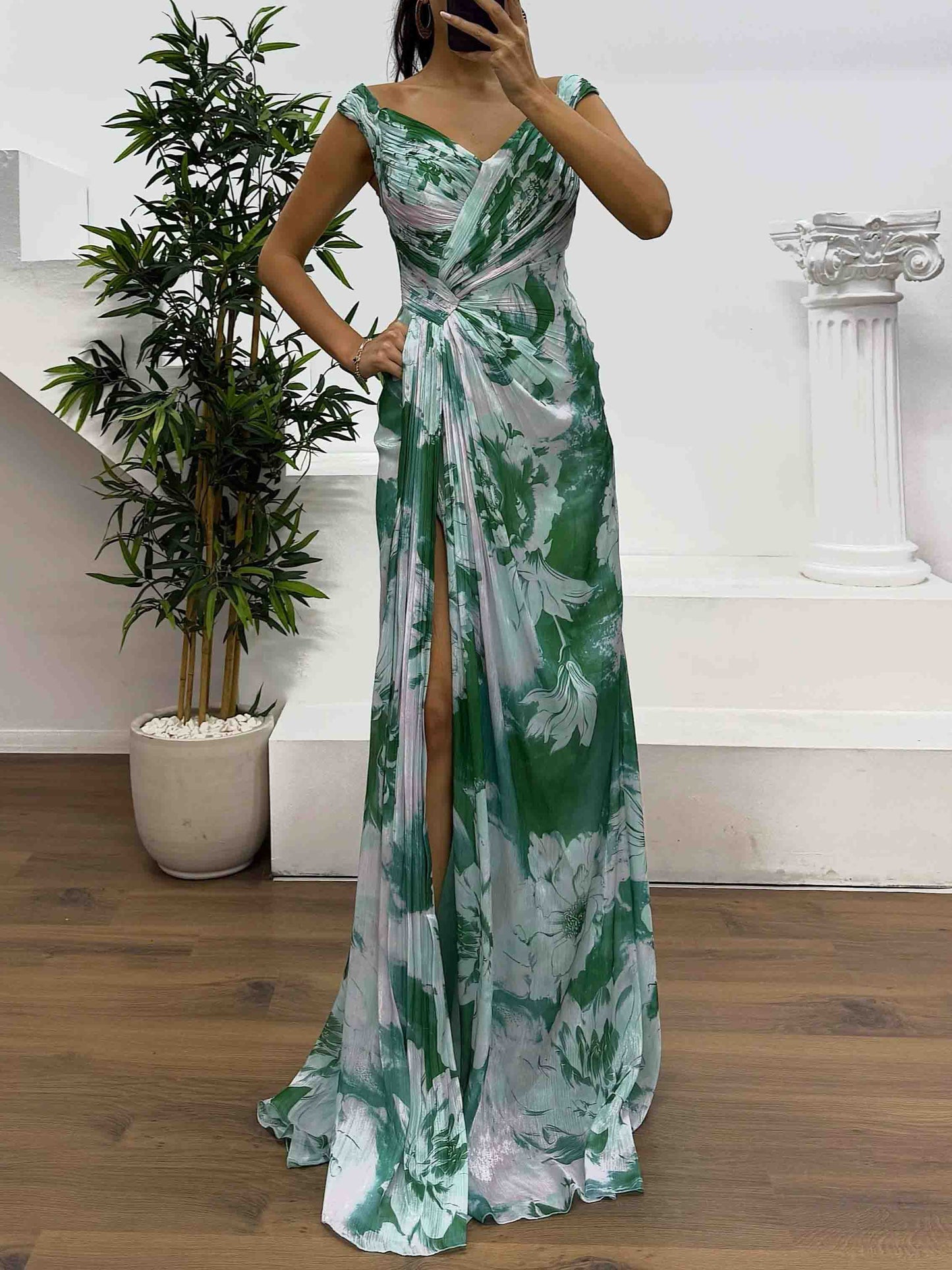 Elegant Watercolor Floral Ruched High Slit Maxi Dress Dark Green