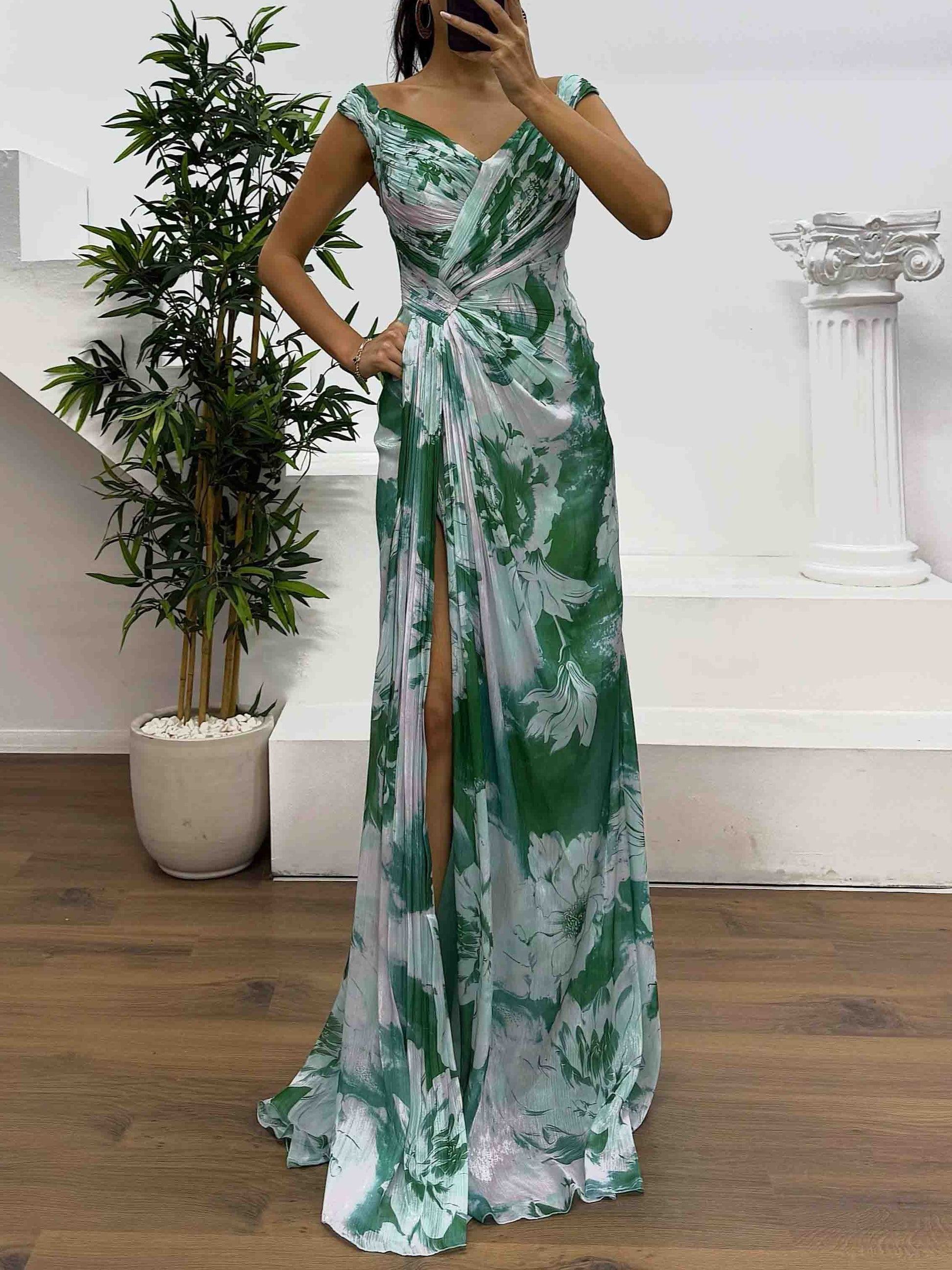 Elegant Watercolor Floral Ruched High Slit Maxi Dress Dark Green