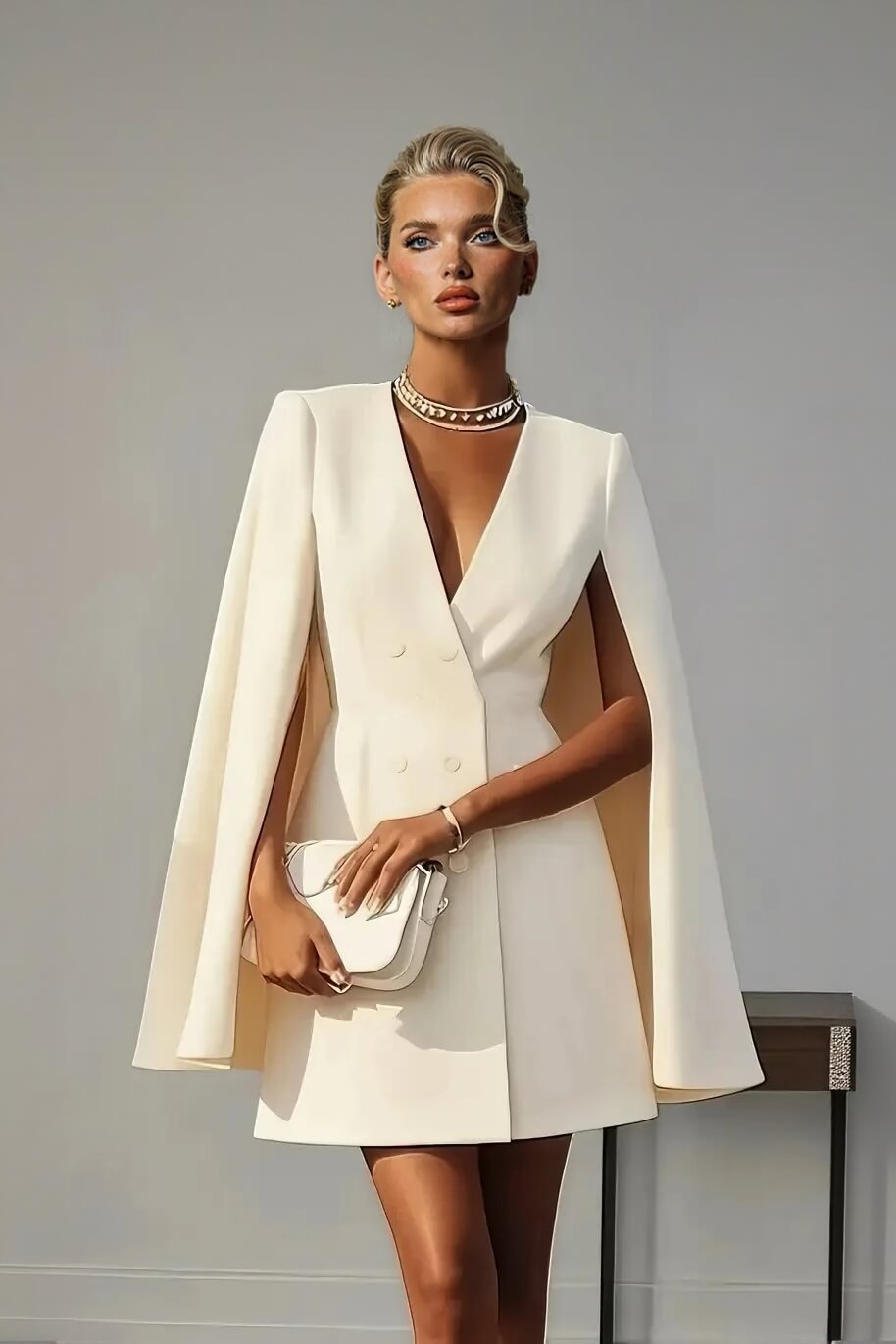Chic Beige V-Neck Cape Sleeve Double-Breasted Blazer Mini Dress Beige