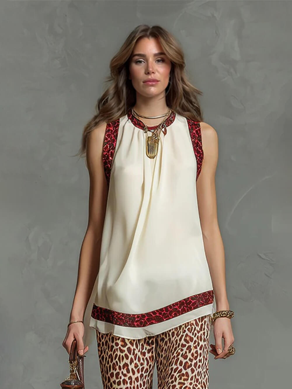 Fashion Leopard Print Chiffon Top And Elastic Waist Wide-Leg Pants Set Beige Top