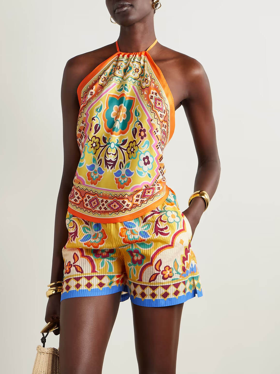 Ethnic Print Satin Halterneck Top And Shorts Set Orange