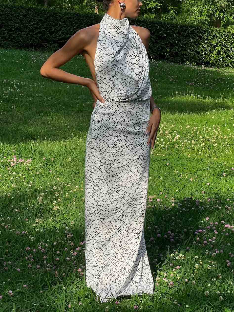 Elegant Halterneck Black Polka Dot White Maxi Dress White