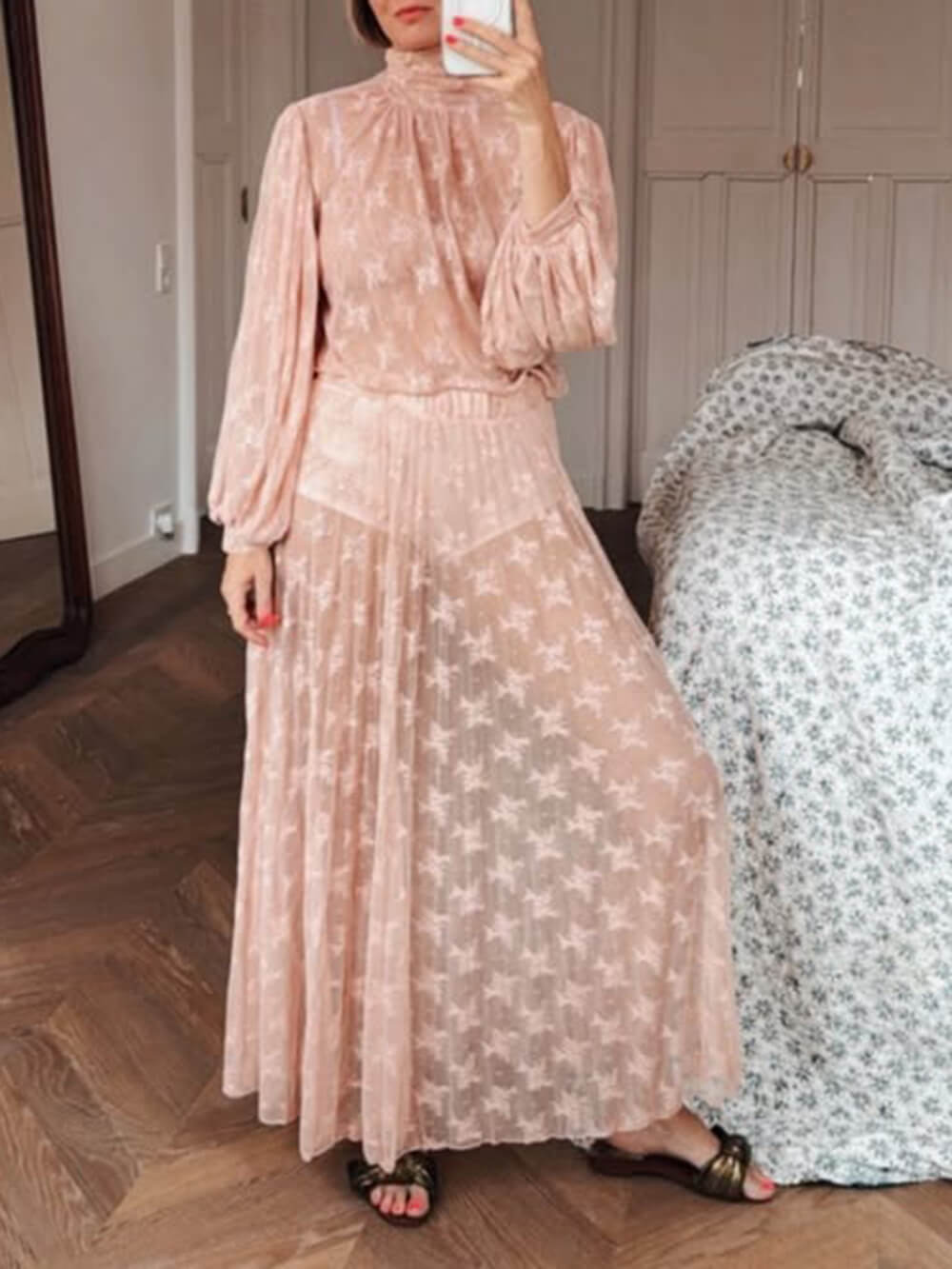 Elegant Mesh Ruffled Lace High-Neck Blouse & Elastic Waist Skirt Set Pink Set