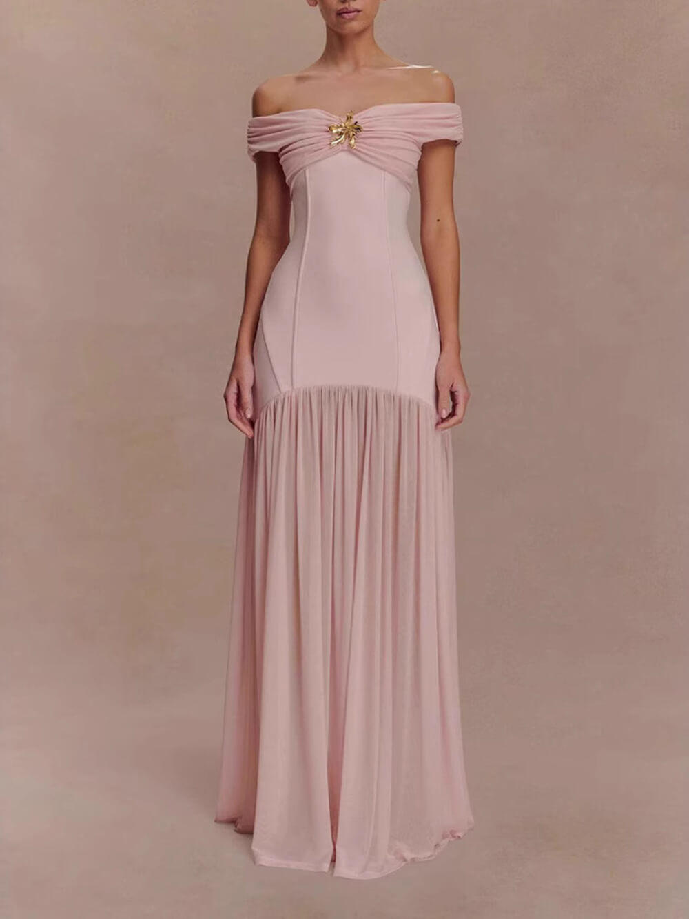 Elegant Floral-Embellished Strapless Bodycon Maxi Dress Pink