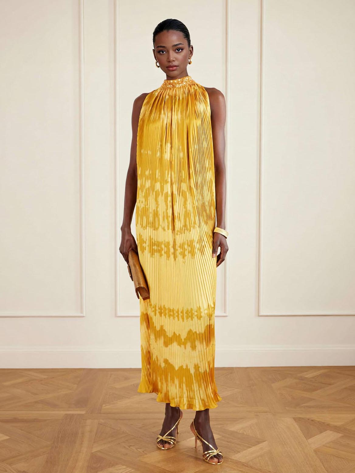 Exquisite Abstract Print Pleated Maxi Dress Yellow
