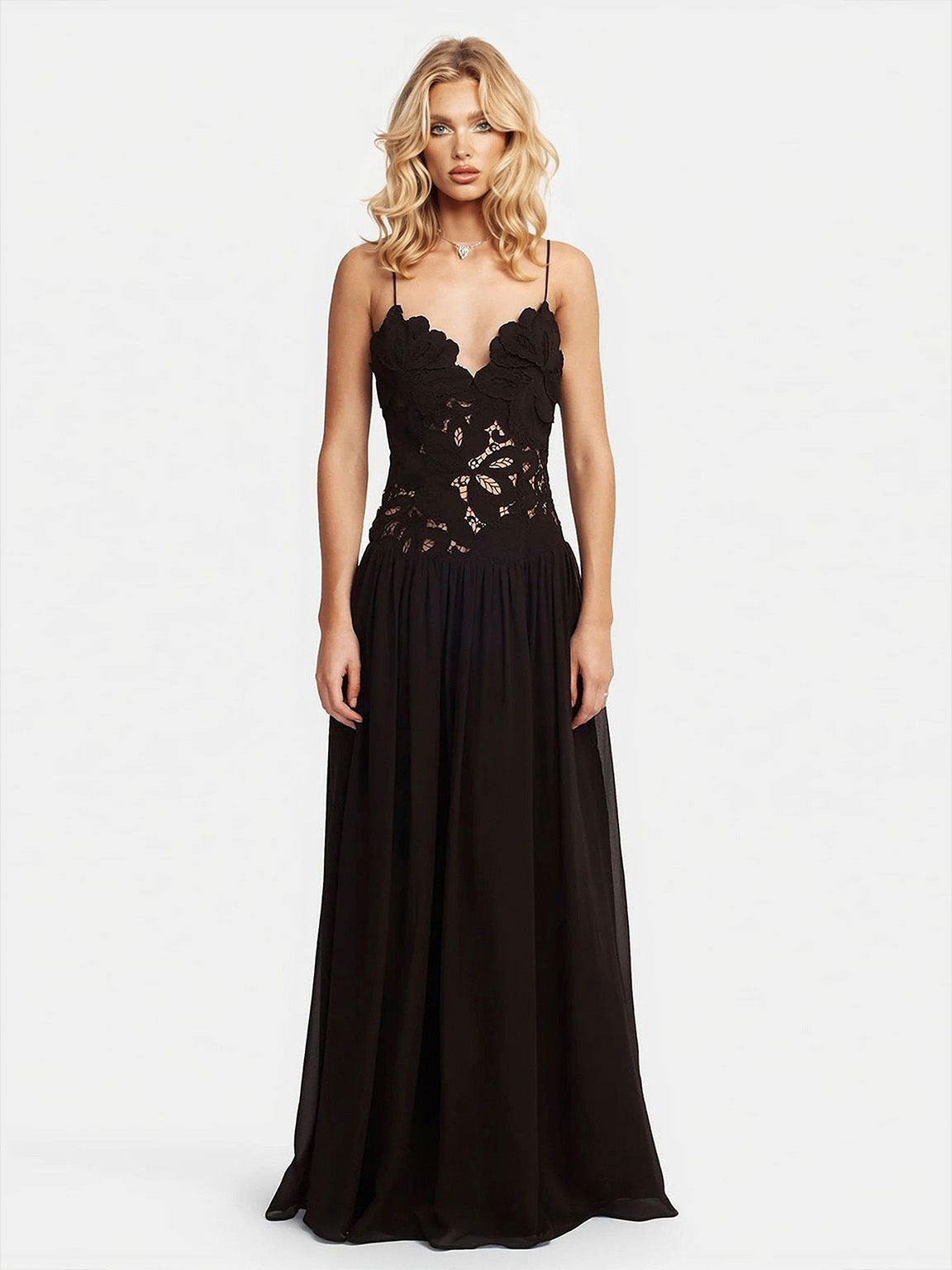 Elegant Lace Spaghetti Strap Floral Appliqu¨¦ Maxi Dress Black