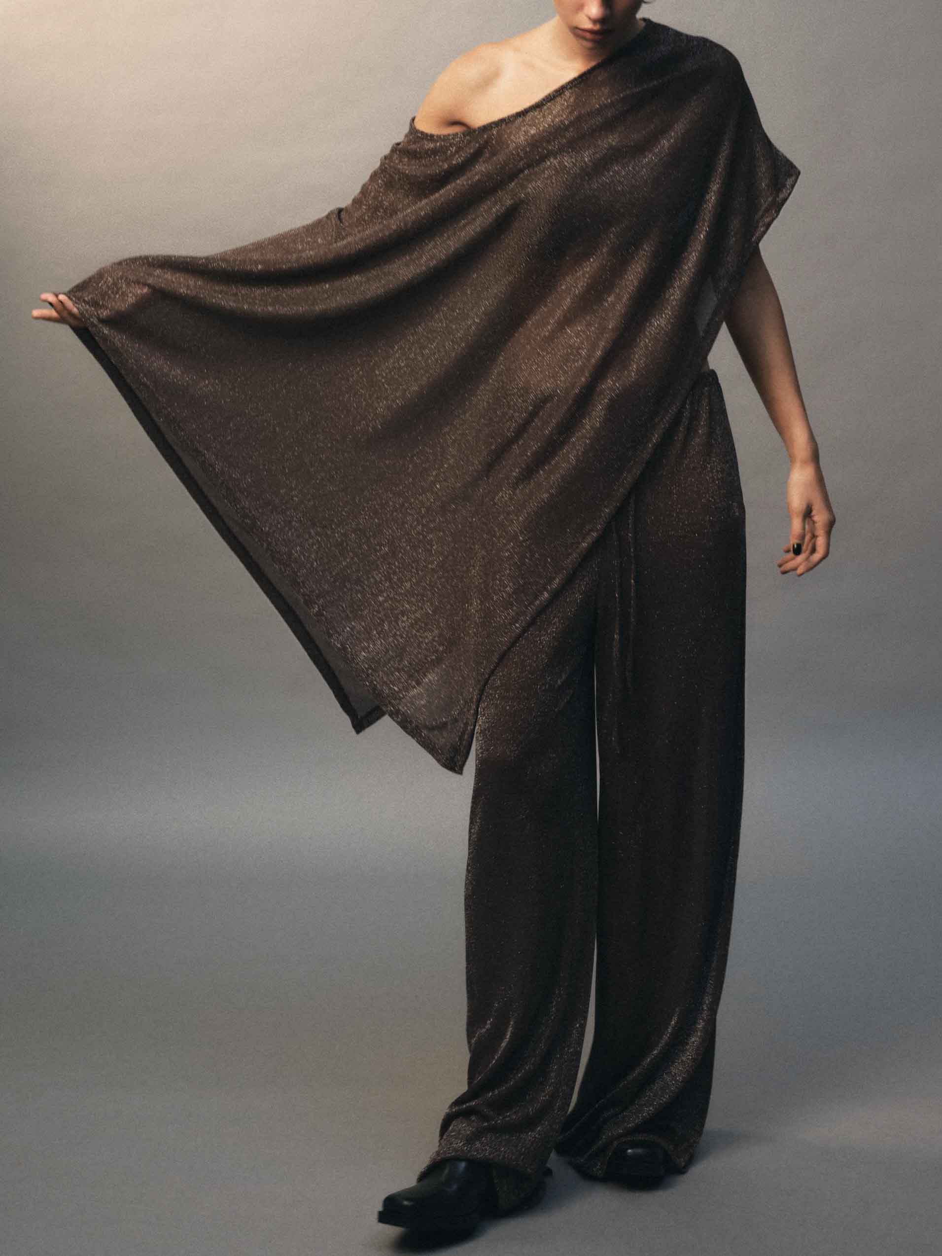 Exquisite Asymmetrical Shawl Pants Two-Piece Set Brown