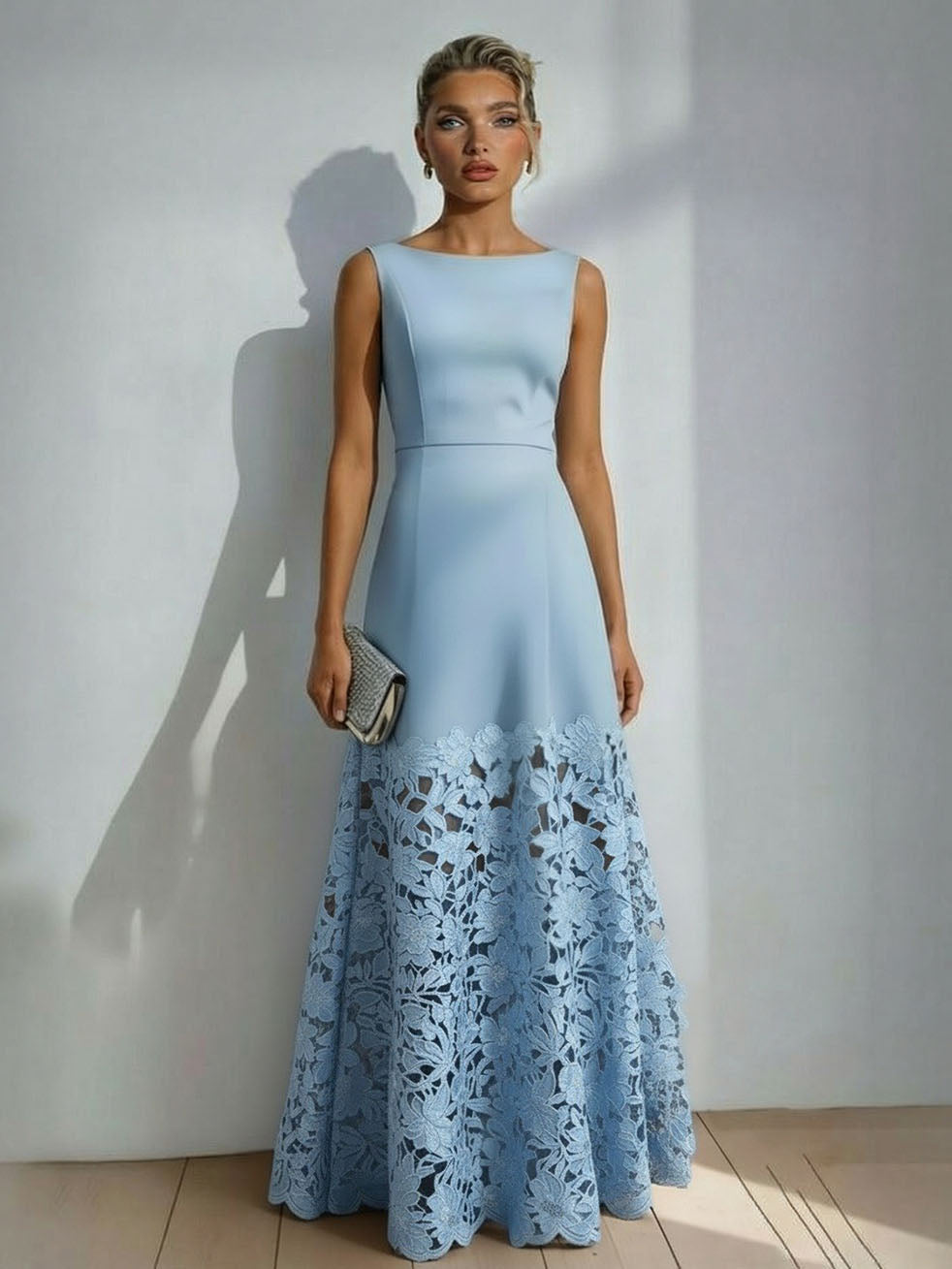 Elegant Lace Boat Neck Sleeveless Maxi Dress Blue