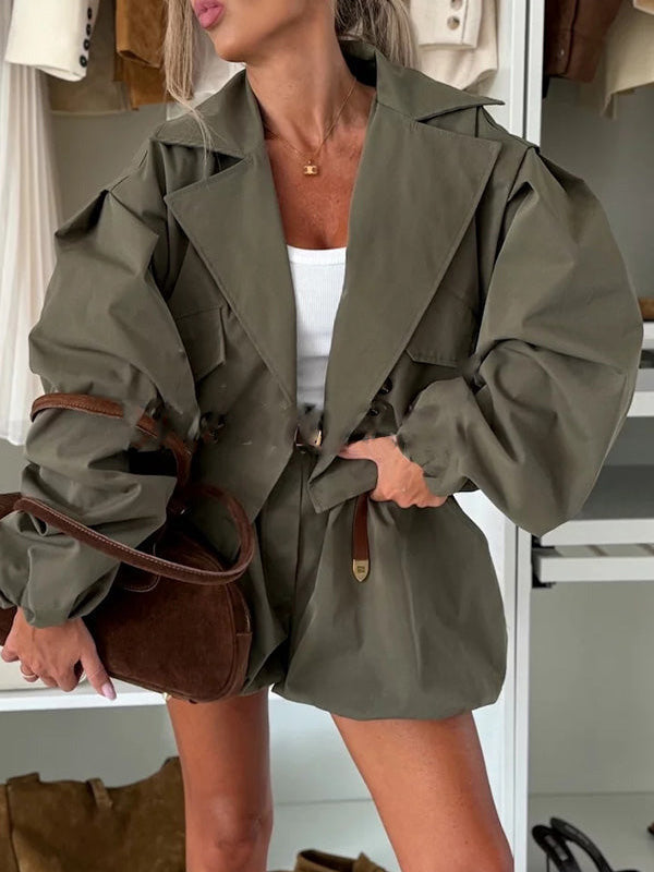 Elegant Ruched Sleeve Cropped Jacket Army Green