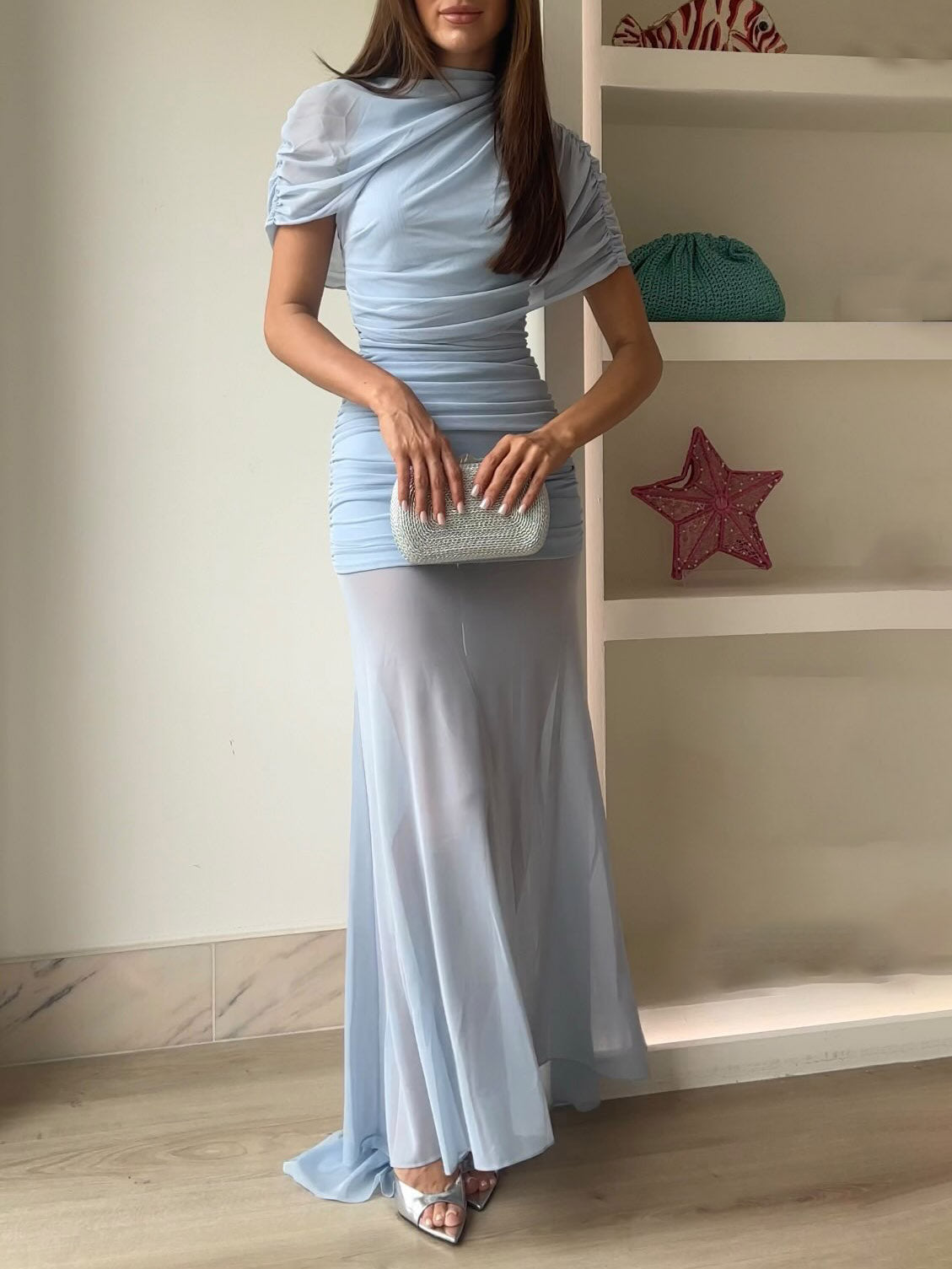 Elegant Ruched Sheer Panel Short-Sleeve Maxi Dress Blue