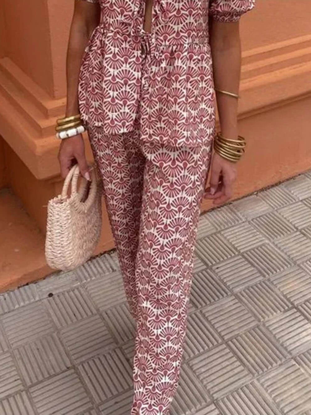 Casual Floral Print Elastic Loose Pants Pink