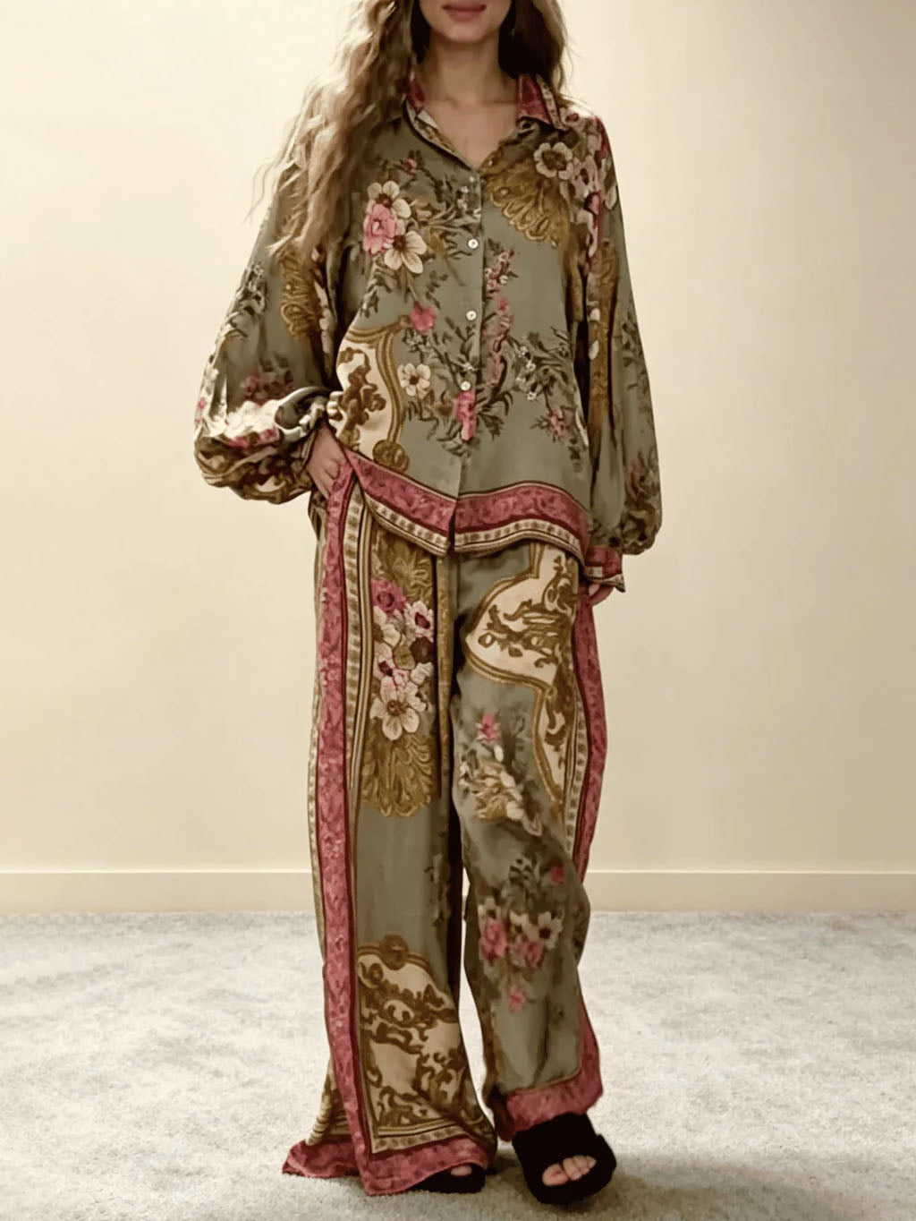 Retro Floral Baroque Print Satin Wide-Leg Pants Green Set