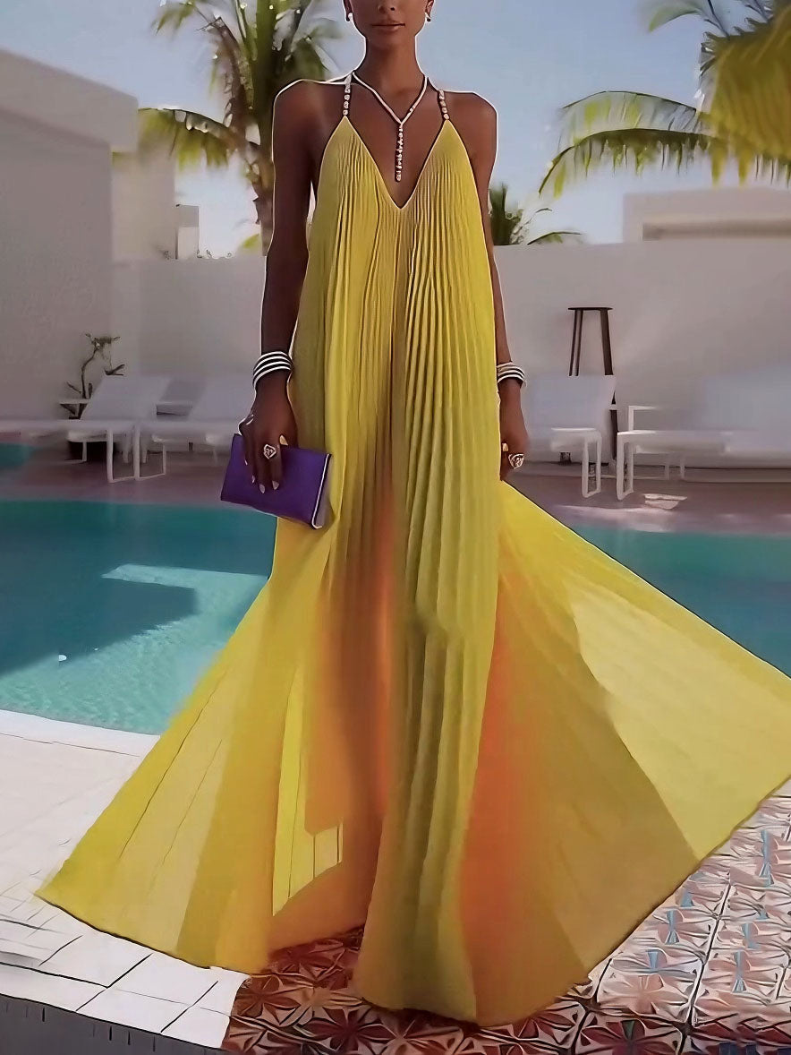 Elegant Pleated V-Neck Backless Chiffon Maxi Dress Yellow