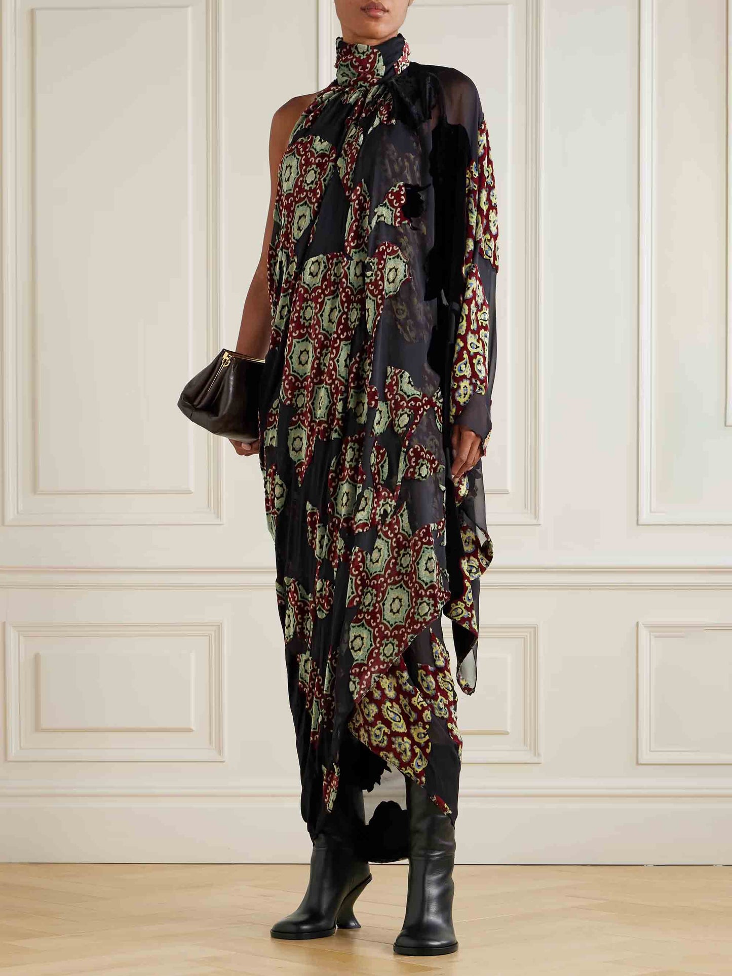 Elegant Halterneck Pleated Print Maxi Dress Black